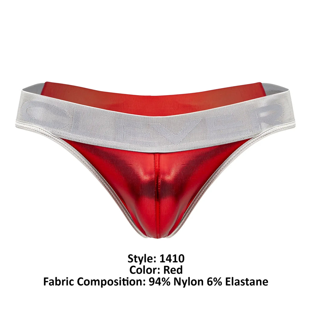 Red metallic nylon clever 1410 earth thong with silver elastic waistband showing front view