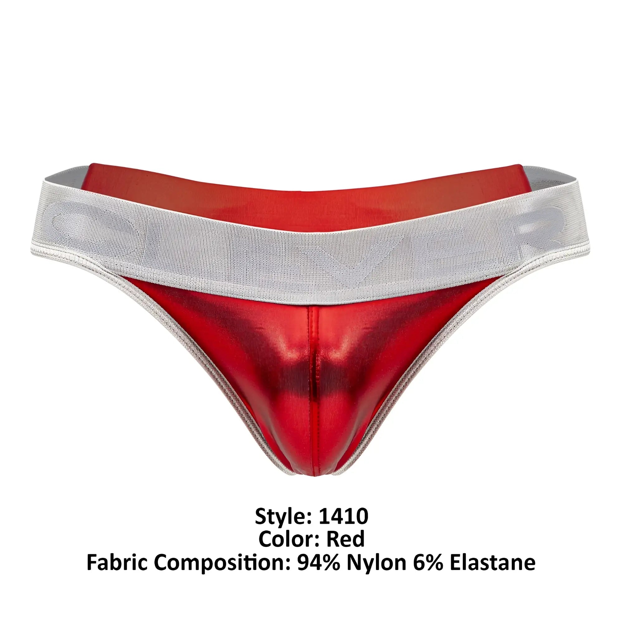 Red metallic nylon clever 1410 earth thong with silver elastic waistband showing front view