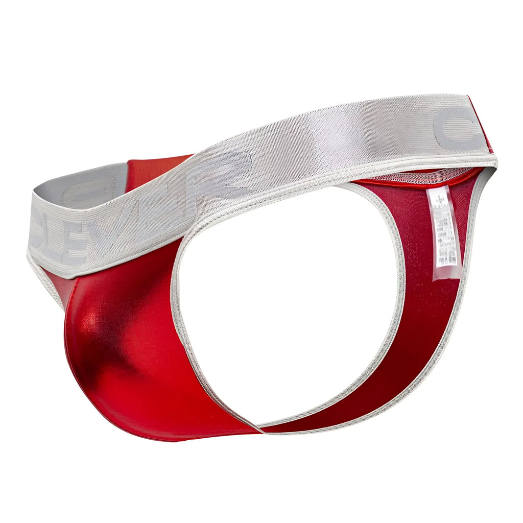 Red metallic briefs with a silver elastic waistband embossed with severe from clever 1410 earth thongs color red