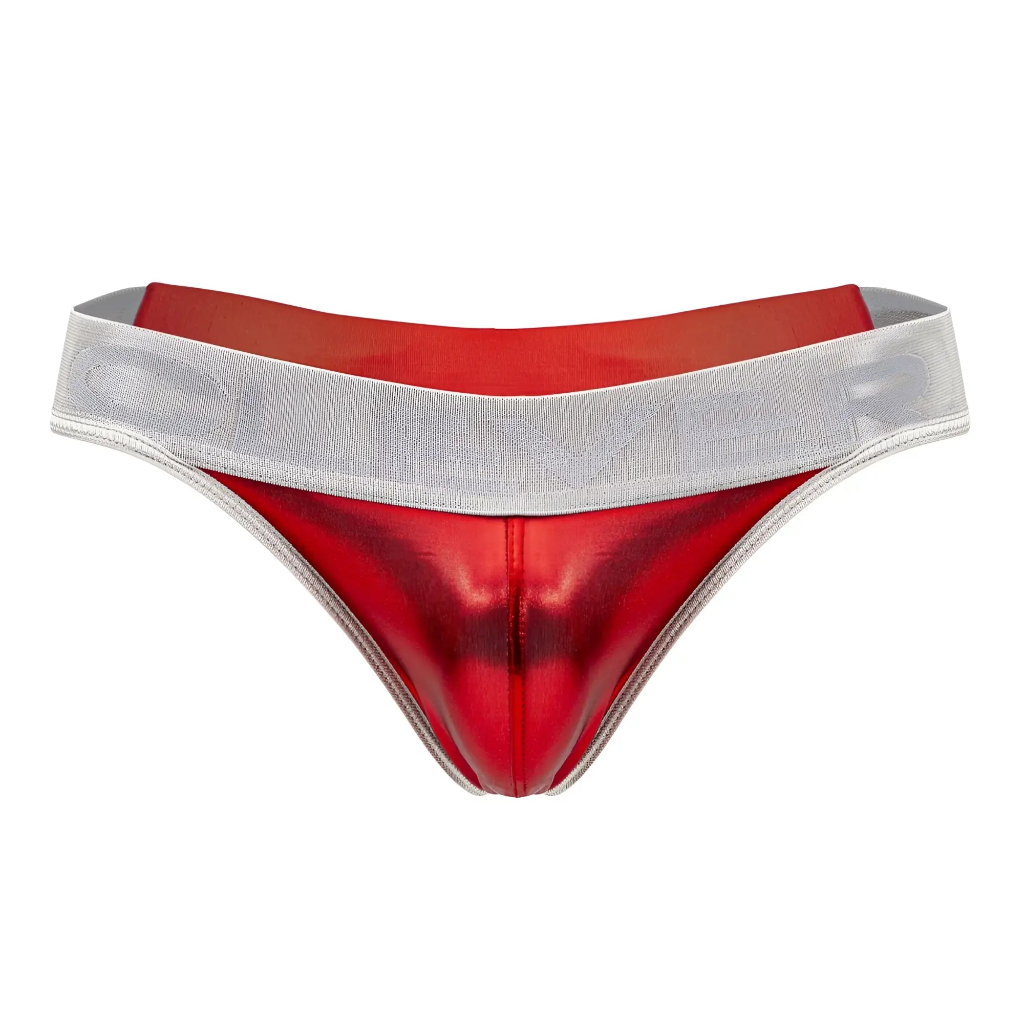 Red metallic clever 1410 earth thong with silver waistband showing front side in red color
