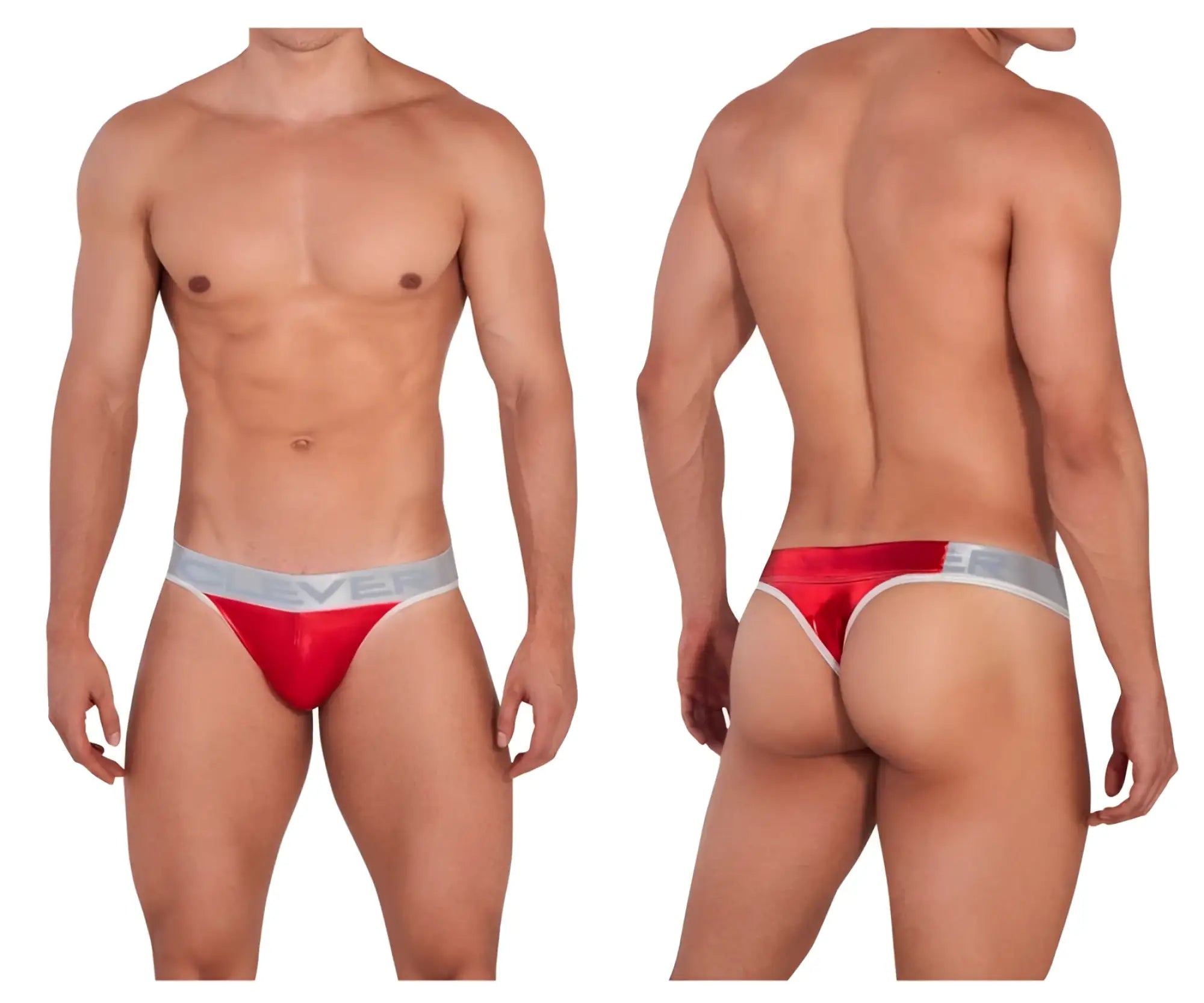 Red satin briefs with a silver elastic waistband featuring the brand name ever in clever 1410 earth thongs red