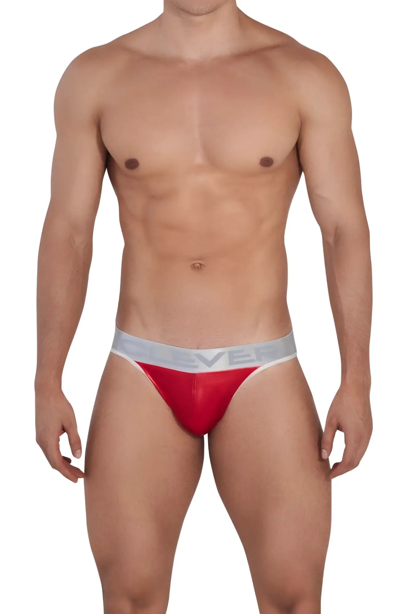 Red and silver clever 1410 earth thongs men’s briefs with sleek form fitting design and breathable material