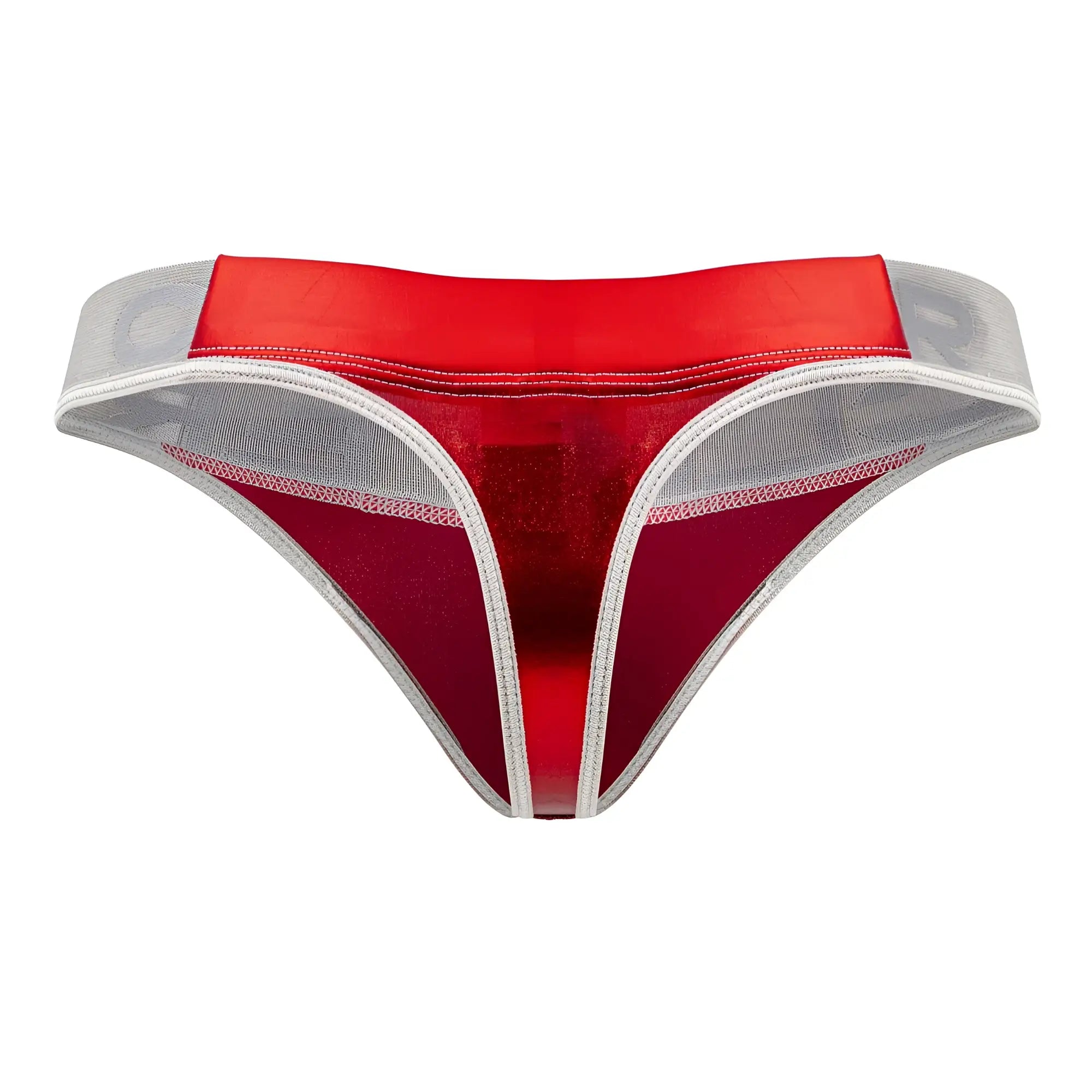 Red and silver mesh clever 1410 earth thong with shiny satin-like waistband showing front side details