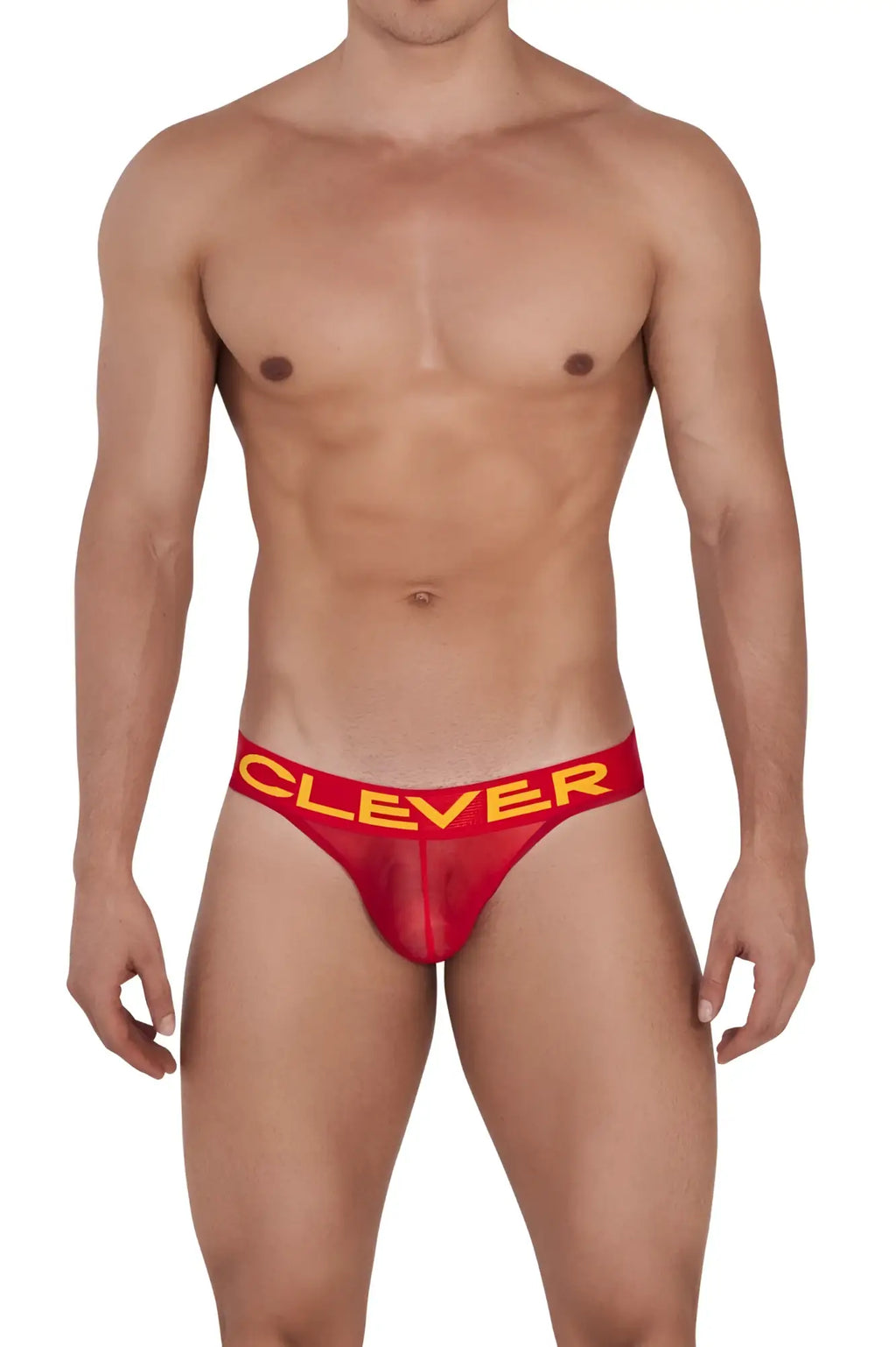 Red clever 1411 wind thongs with a bold yellow logo waistband designed for comfortable everyday wear