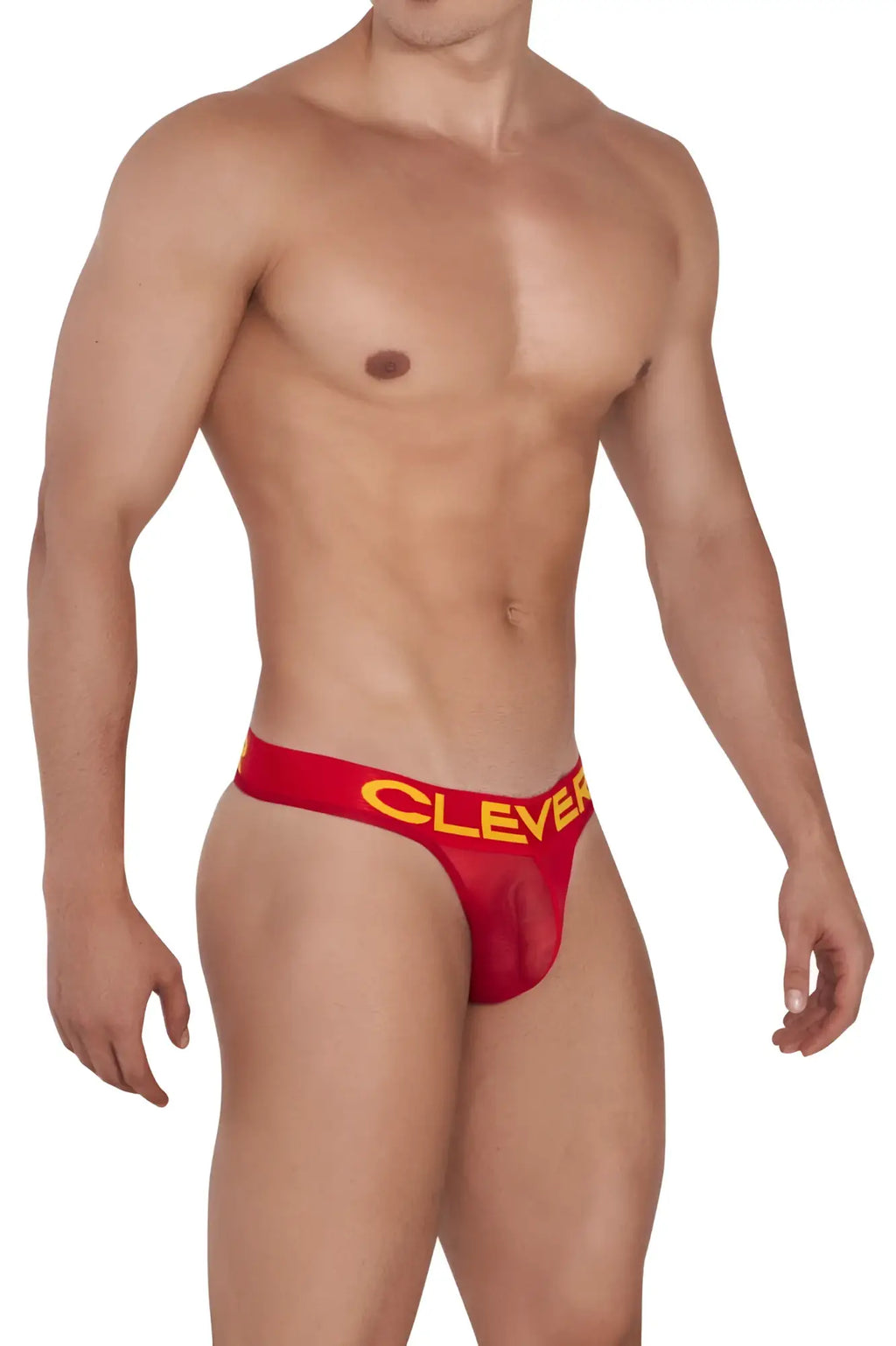Red clever 1411 wind thong with a bold yellow logo on the waistband in a sleek, comfortable design