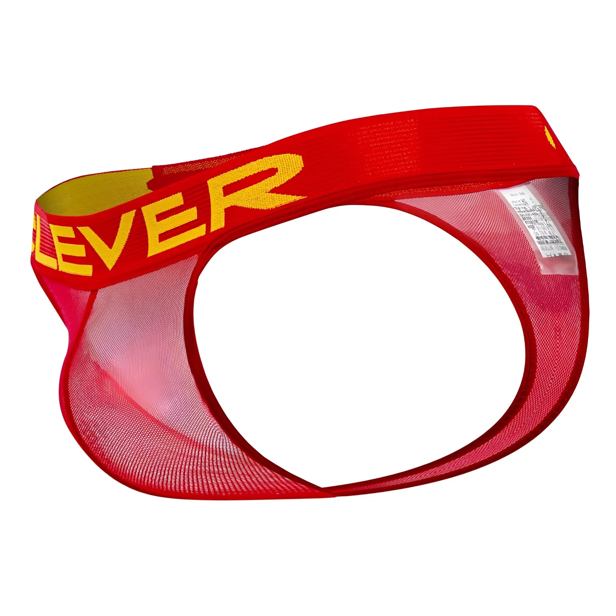 Red mesh clever 1411 wind thongs with a bold yellow clever logo on the waistband in red color