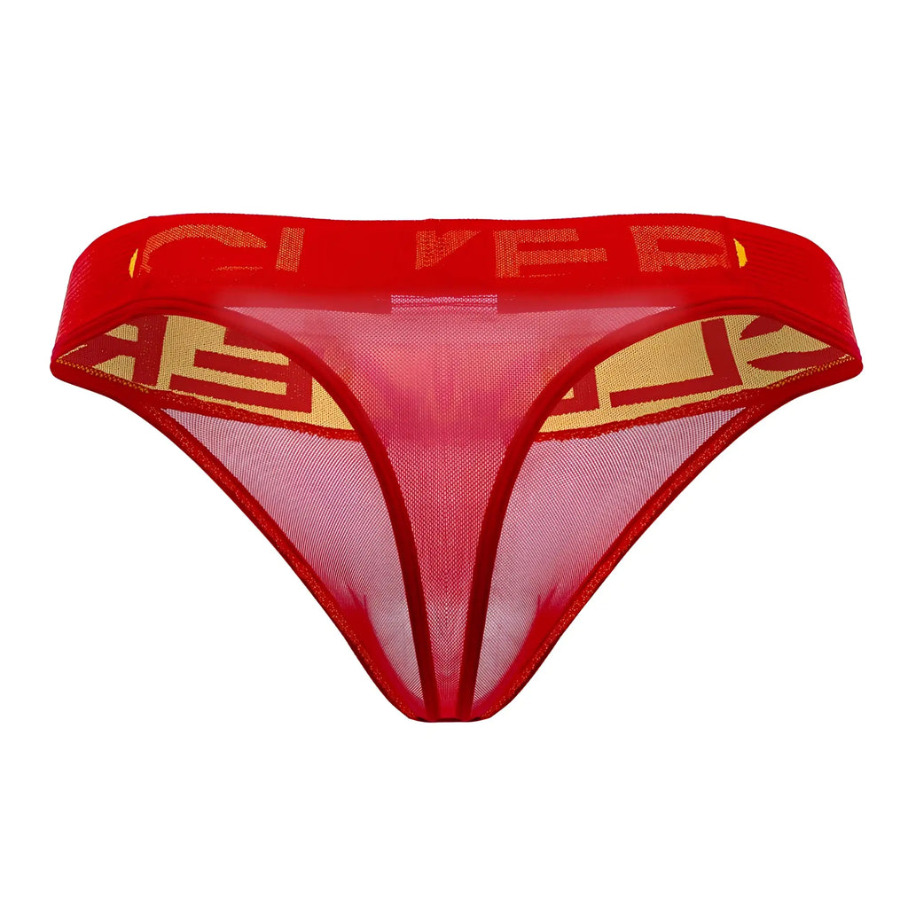 Red mesh thong clever 1411 wind thongs in red with bold gold geometric pattern on waistband and leg openings