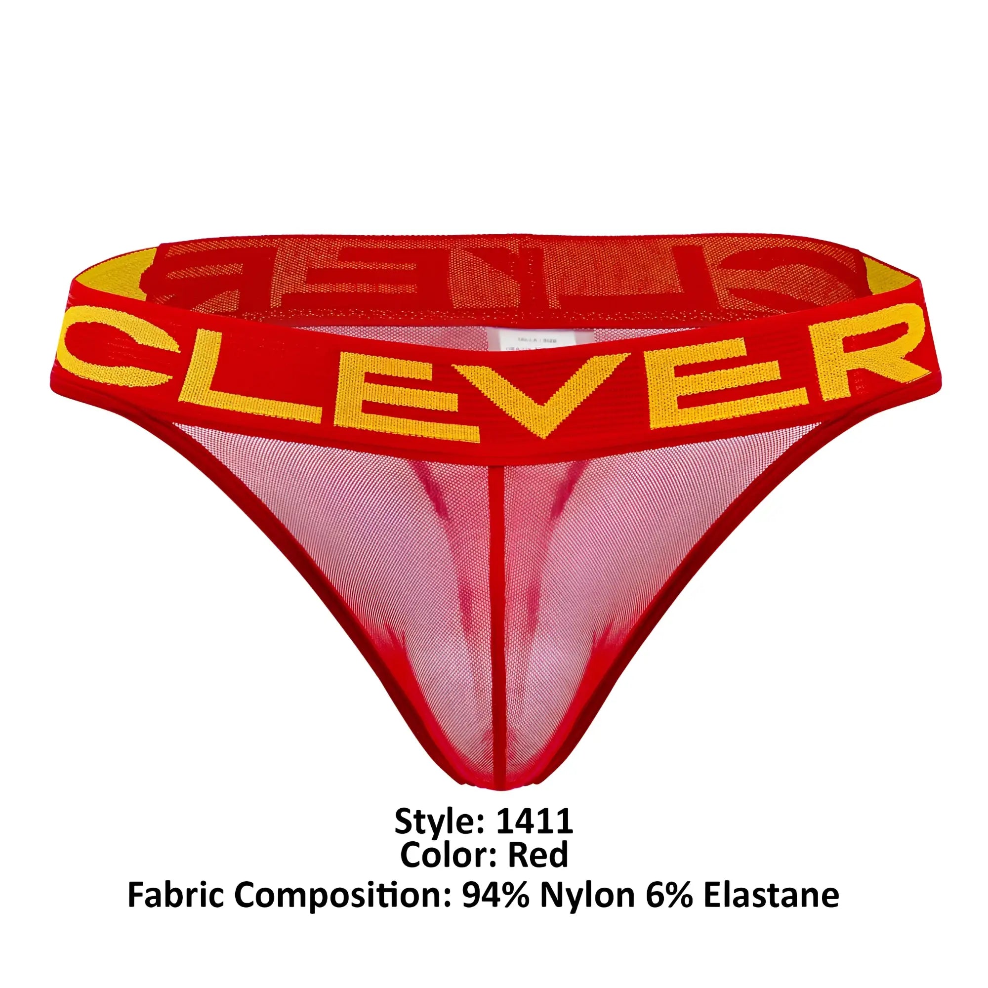 Red sheer mesh thong with bold yellow clever branding on the waistband from clever 1411 wind thongs red collection