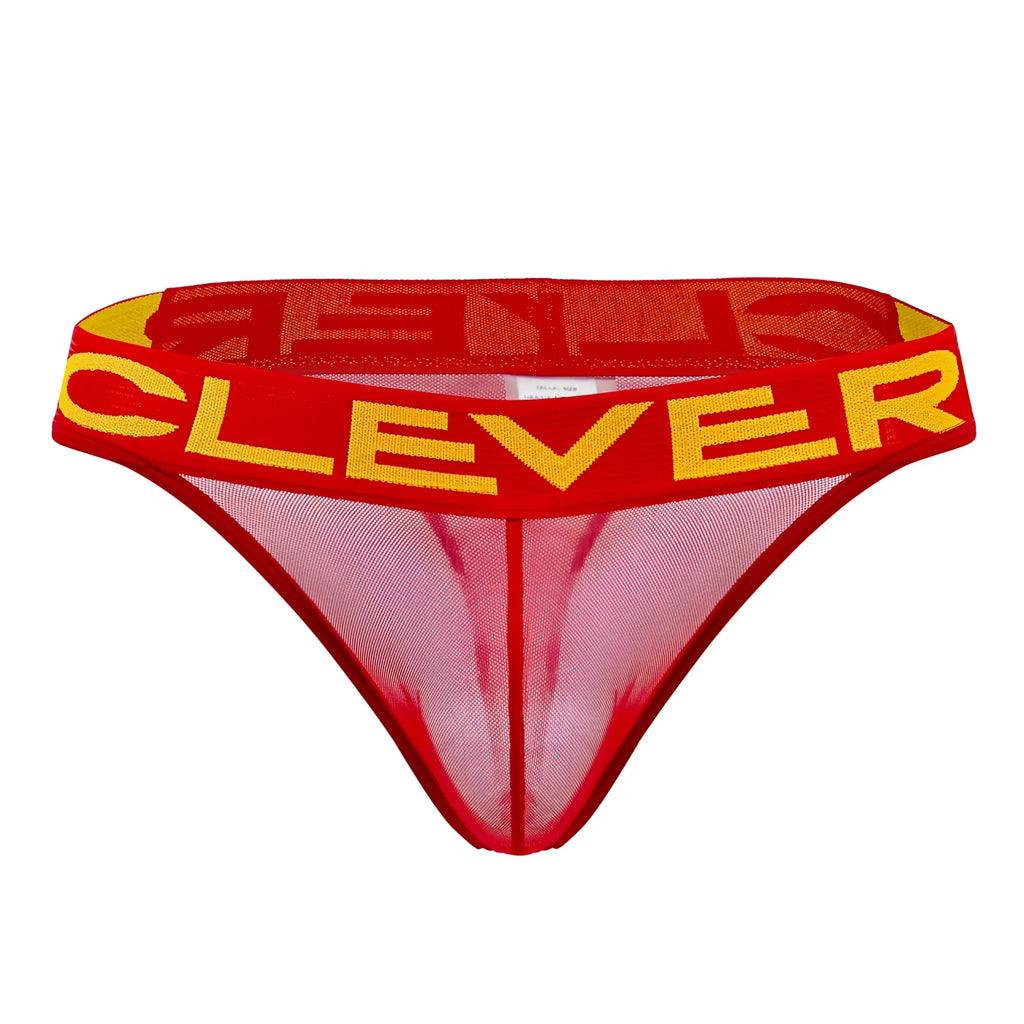 Red and yellow mesh thong with clever branding on waistband from clever 1411 wind thongs collection
