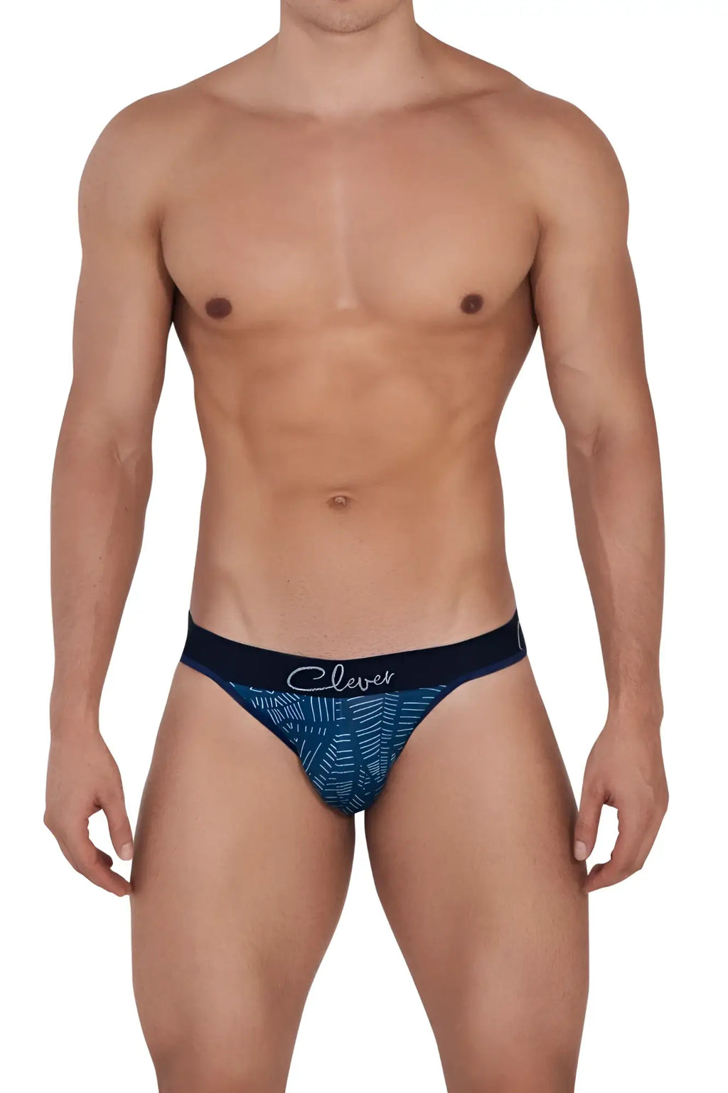 Navy blue and teal patterned men’s briefs with black waistband featuring clever brand name in white cursive script