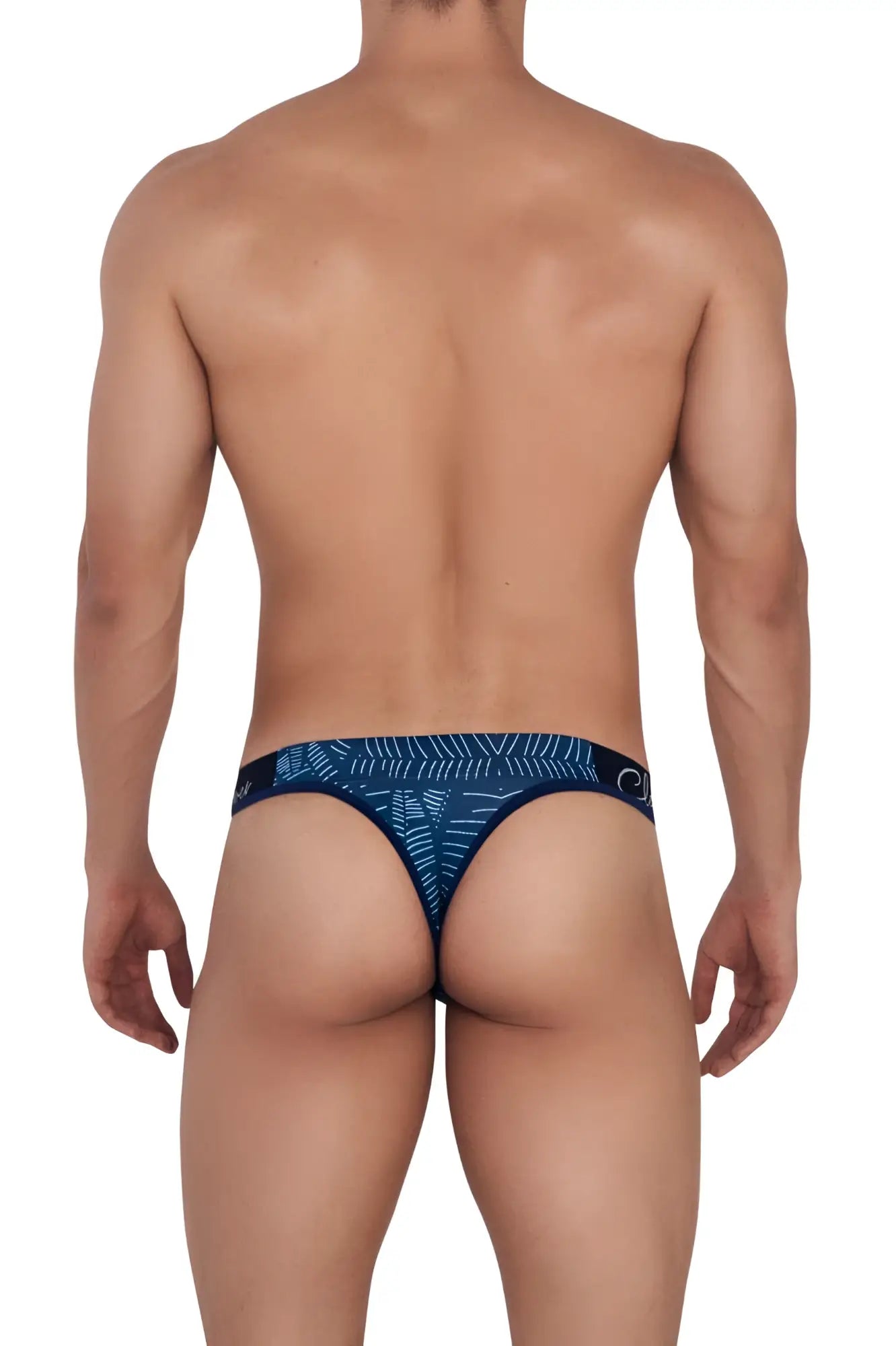 Navy blue clever 1416 lush thong with white geometric pattern and small logo on the waistband, front view