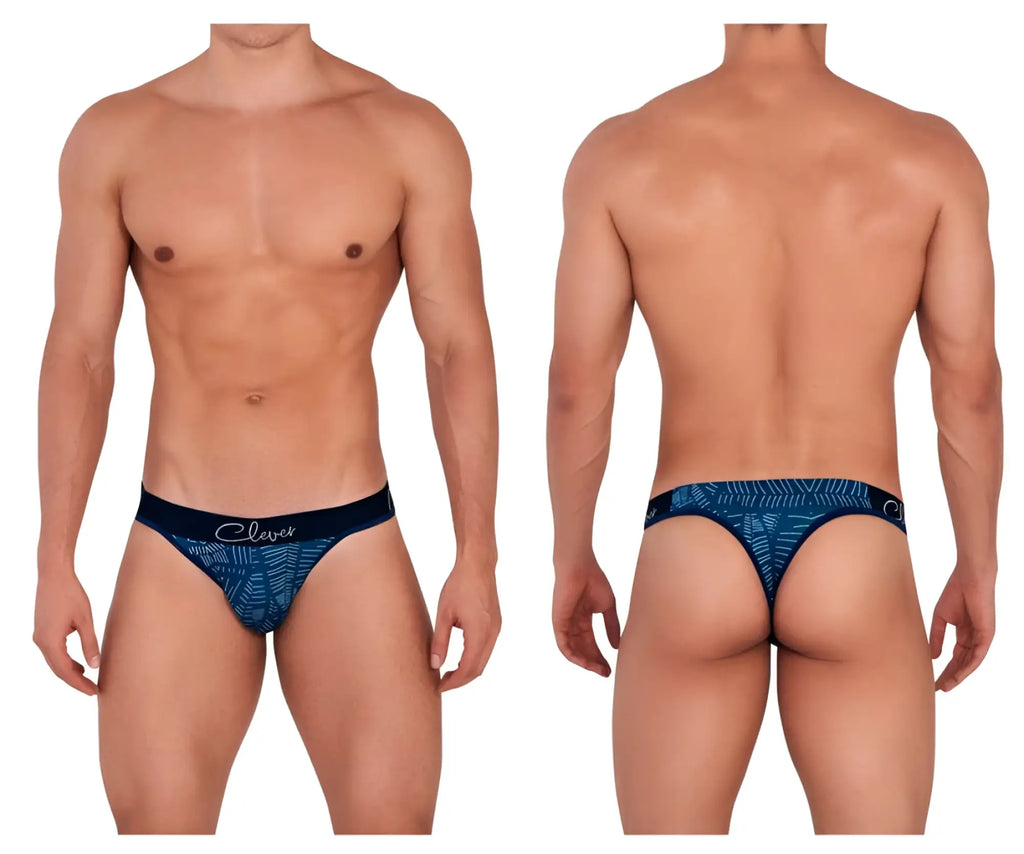 Blue patterned clever 1416 lush thongs men’s briefs with black waistband featuring clever brand name