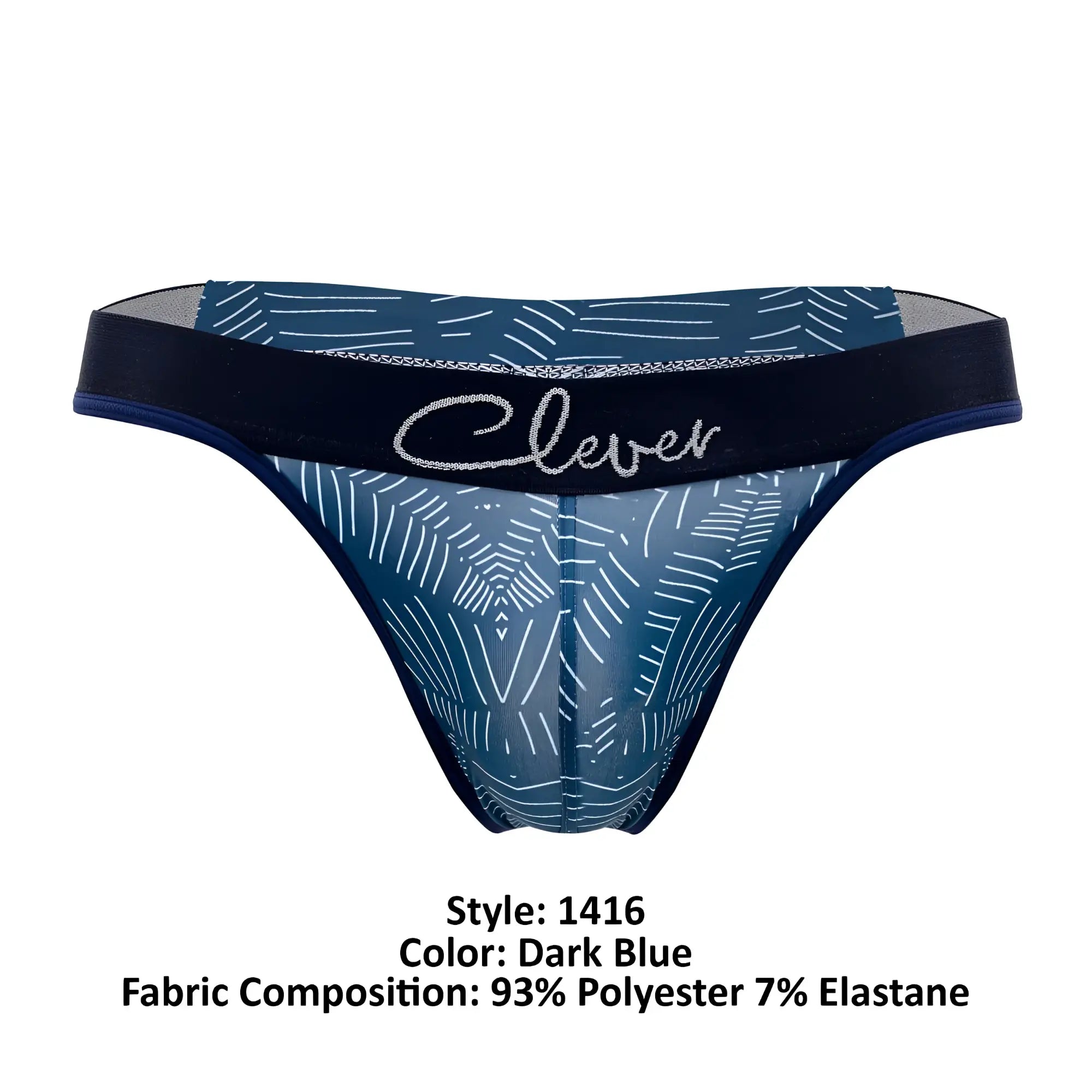 Dark blue sheer thong with white geometric pattern and black elastic waistband featuring clever logo in silver script