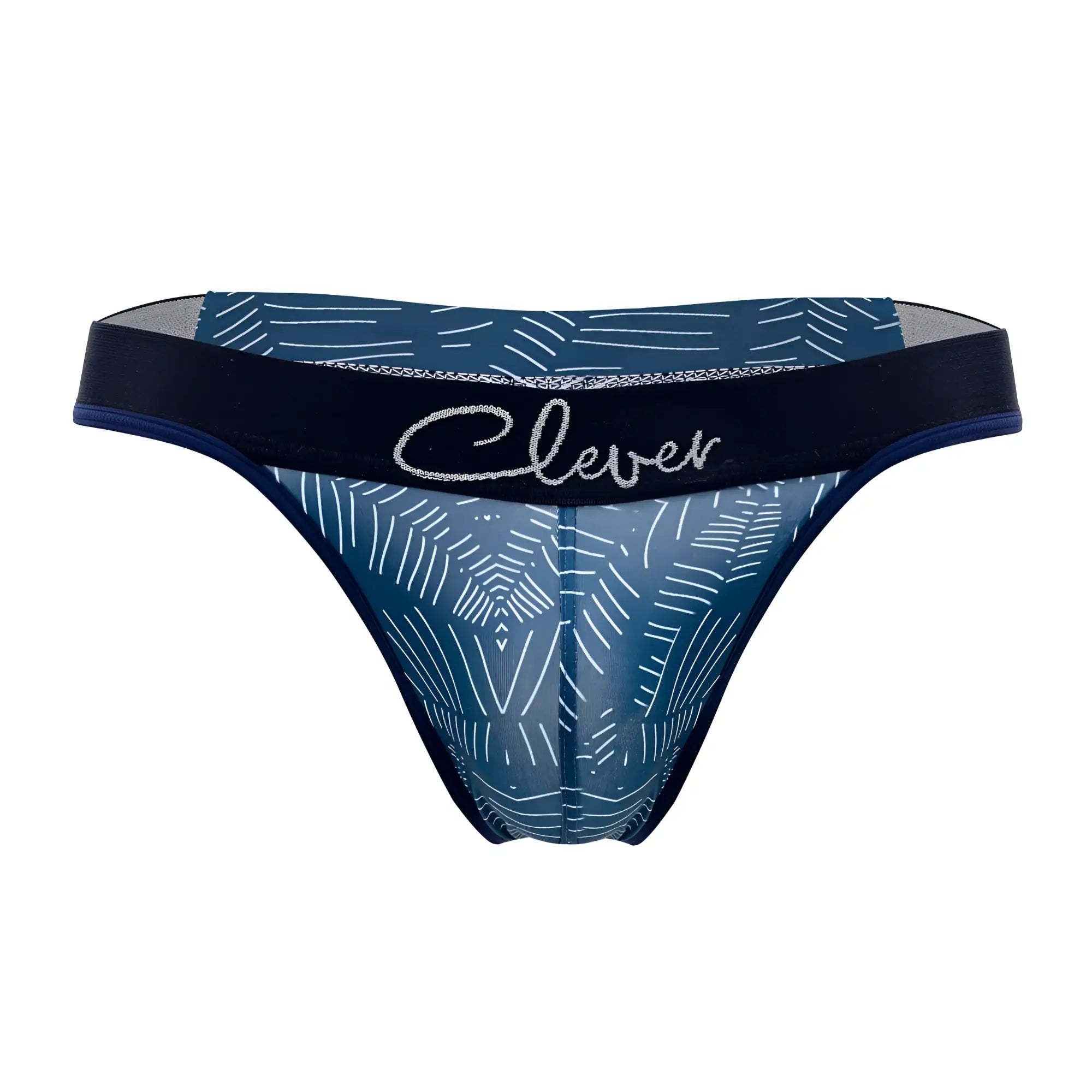 Blue sheer thong with white geometric patterns and black clever waistband in dark blue lush thong style