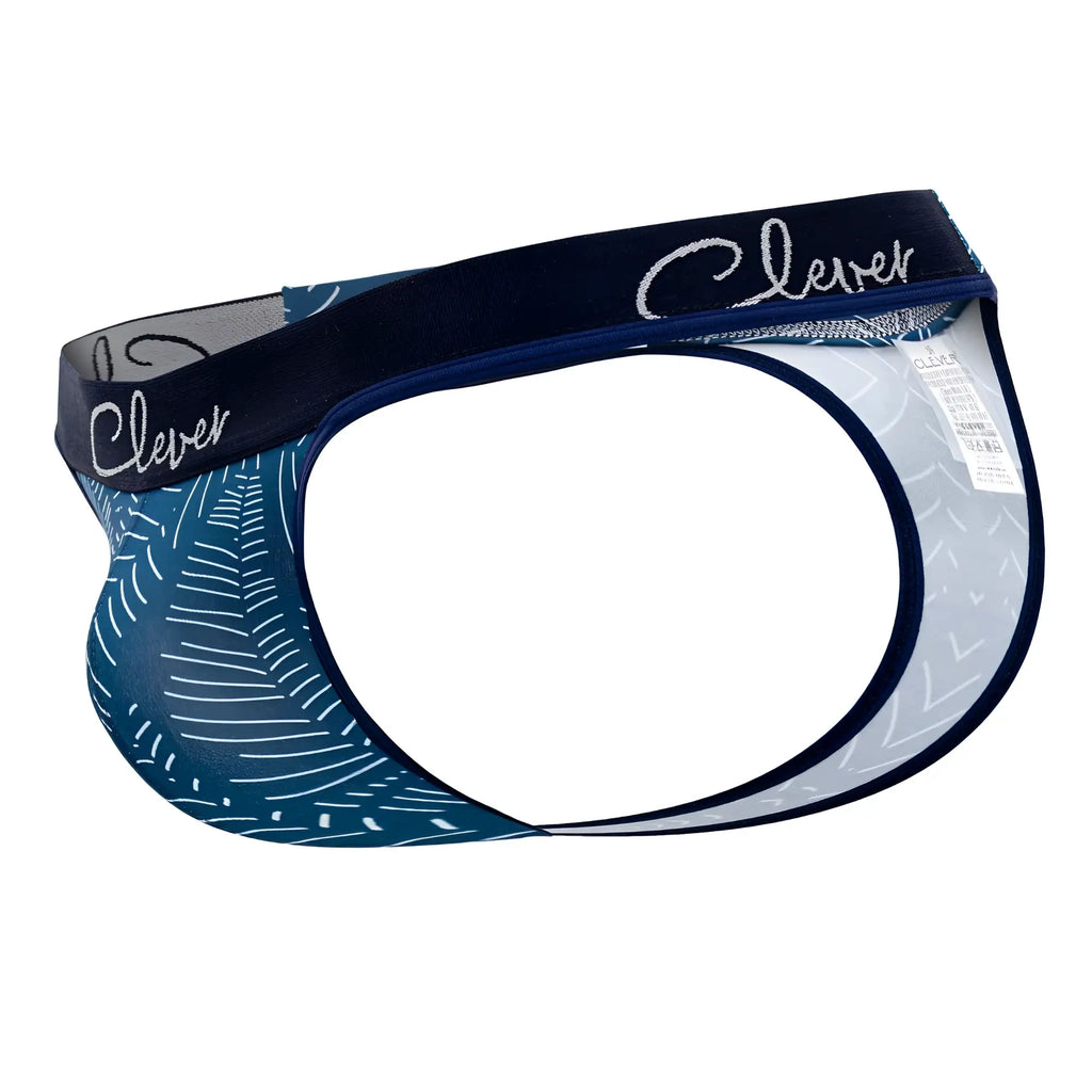Clever 1416 lush thongs dark blue men’s briefs with blue and white pattern and black waistband with clever logo