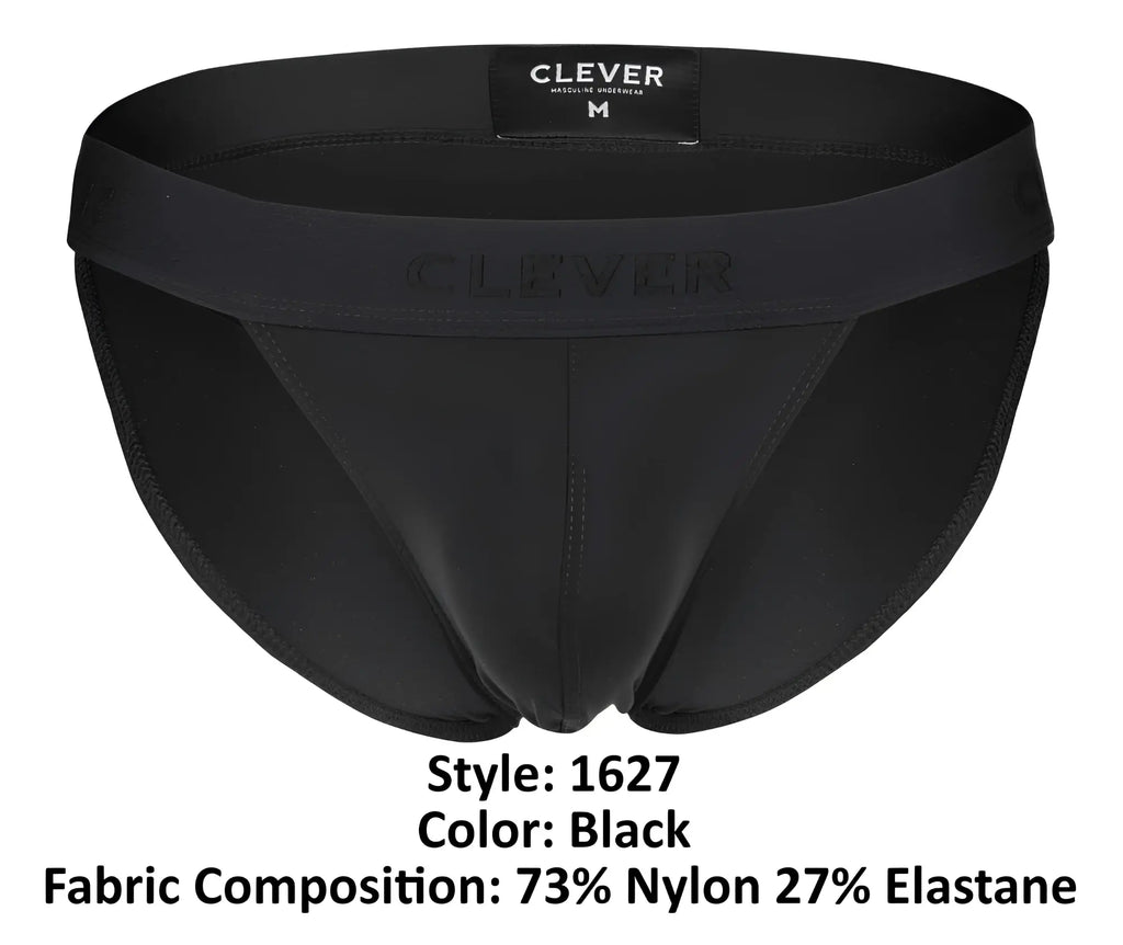Black briefs by clever 1627 deseo bikini in black made from 73% nylon 27% elastane shown from the back side