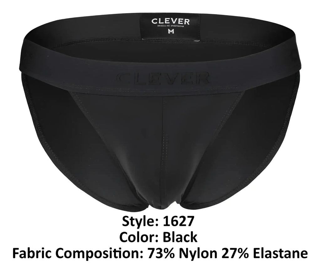 Black briefs by clever 1627 deseo bikini in black made from 73% nylon 27% elastane shown from the back side