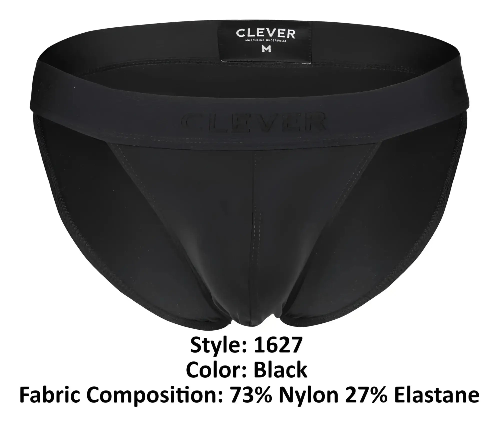 Black briefs by clever 1627 deseo bikini in black made from 73% nylon 27% elastane shown from the back side