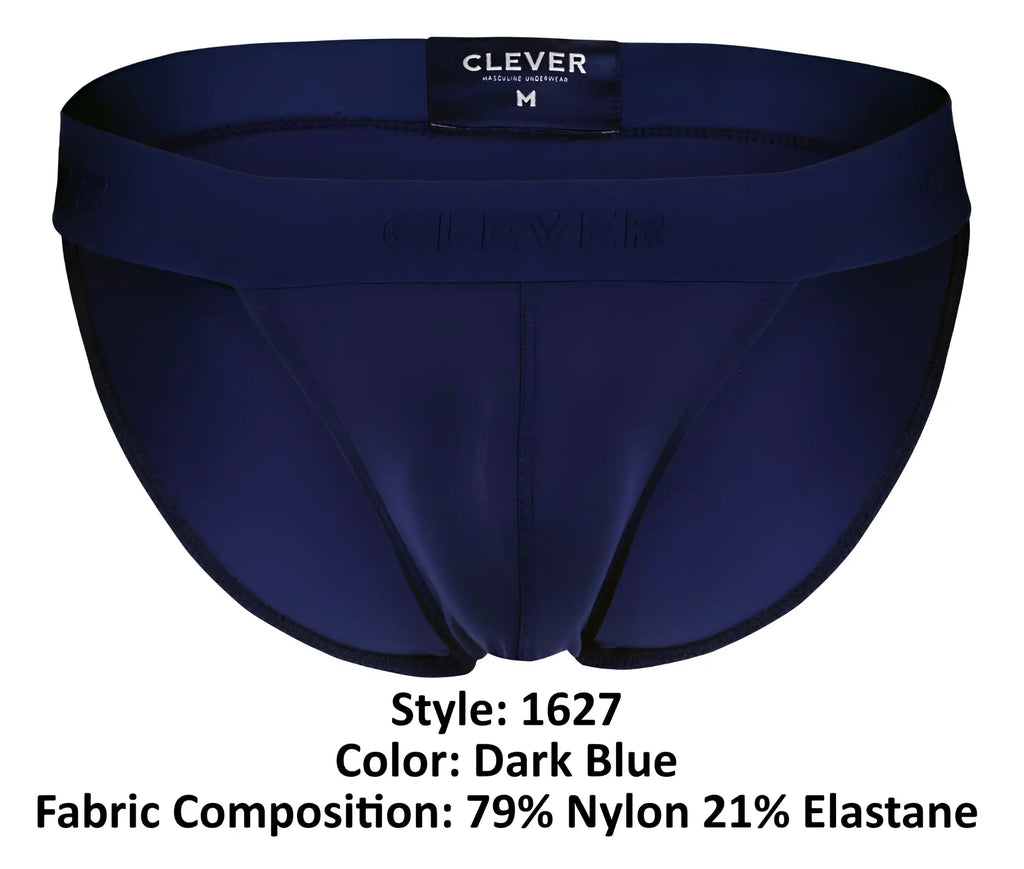 Dark blue clever 1627 deseo bikini brief made from smooth nylon elastane blend with subtle embossed waistband branding