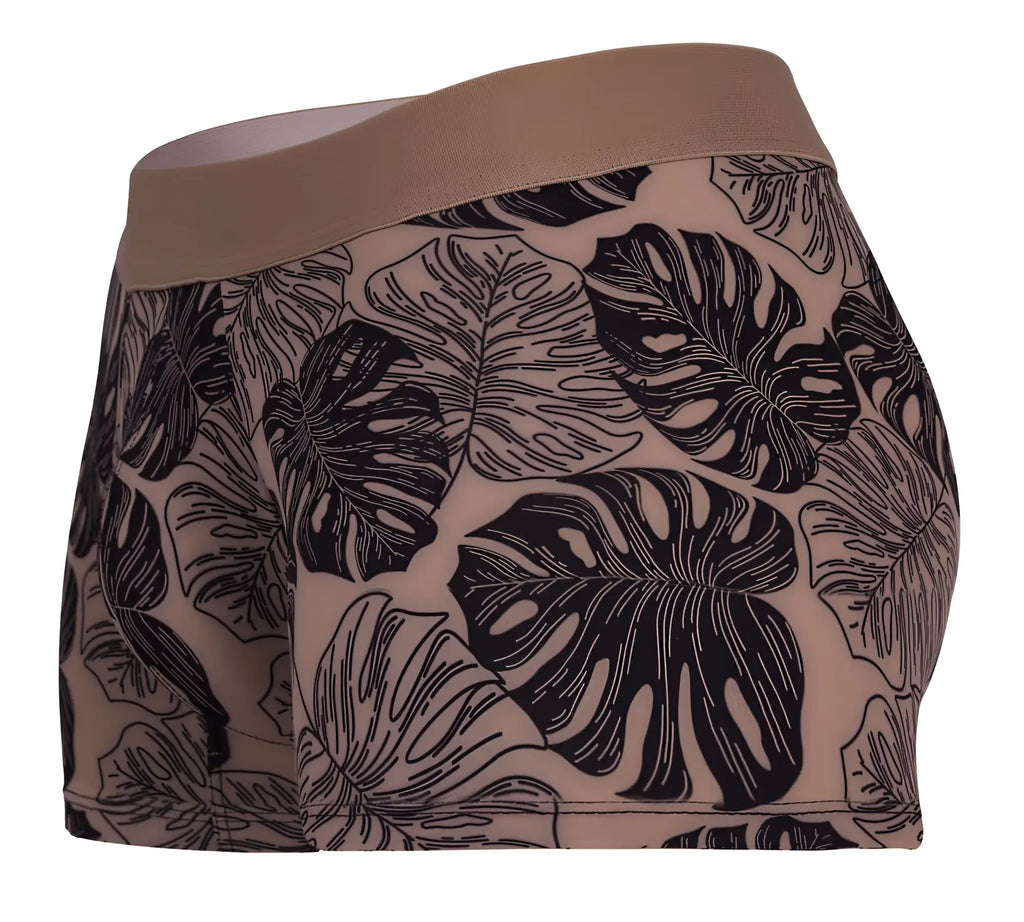 Beige boxer briefs with bold black monstera leaf pattern from clever 1635 pacif trunks color pink collection
