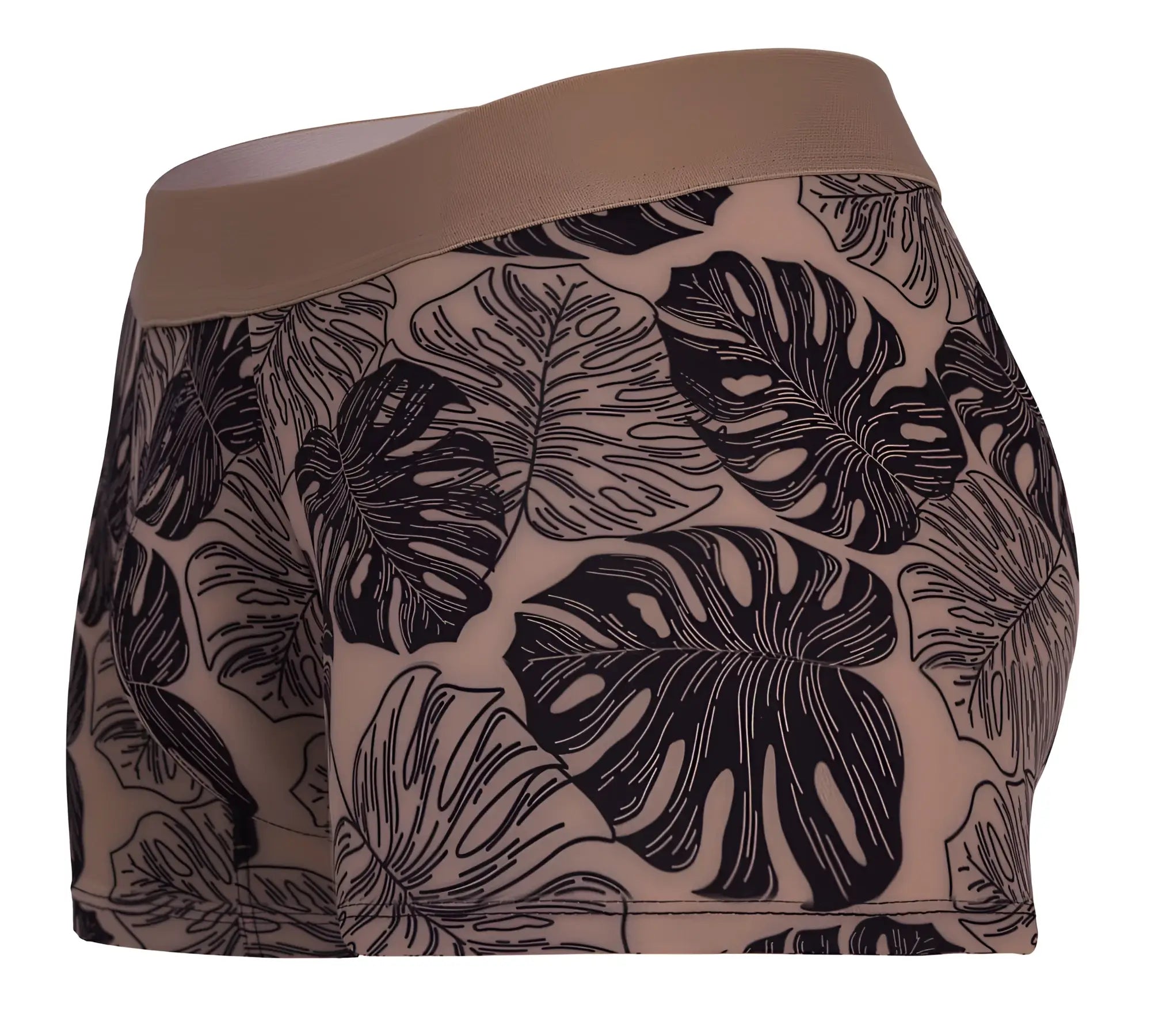 Beige boxer briefs with bold black monstera leaf pattern from clever 1635 pacif trunks color pink collection
