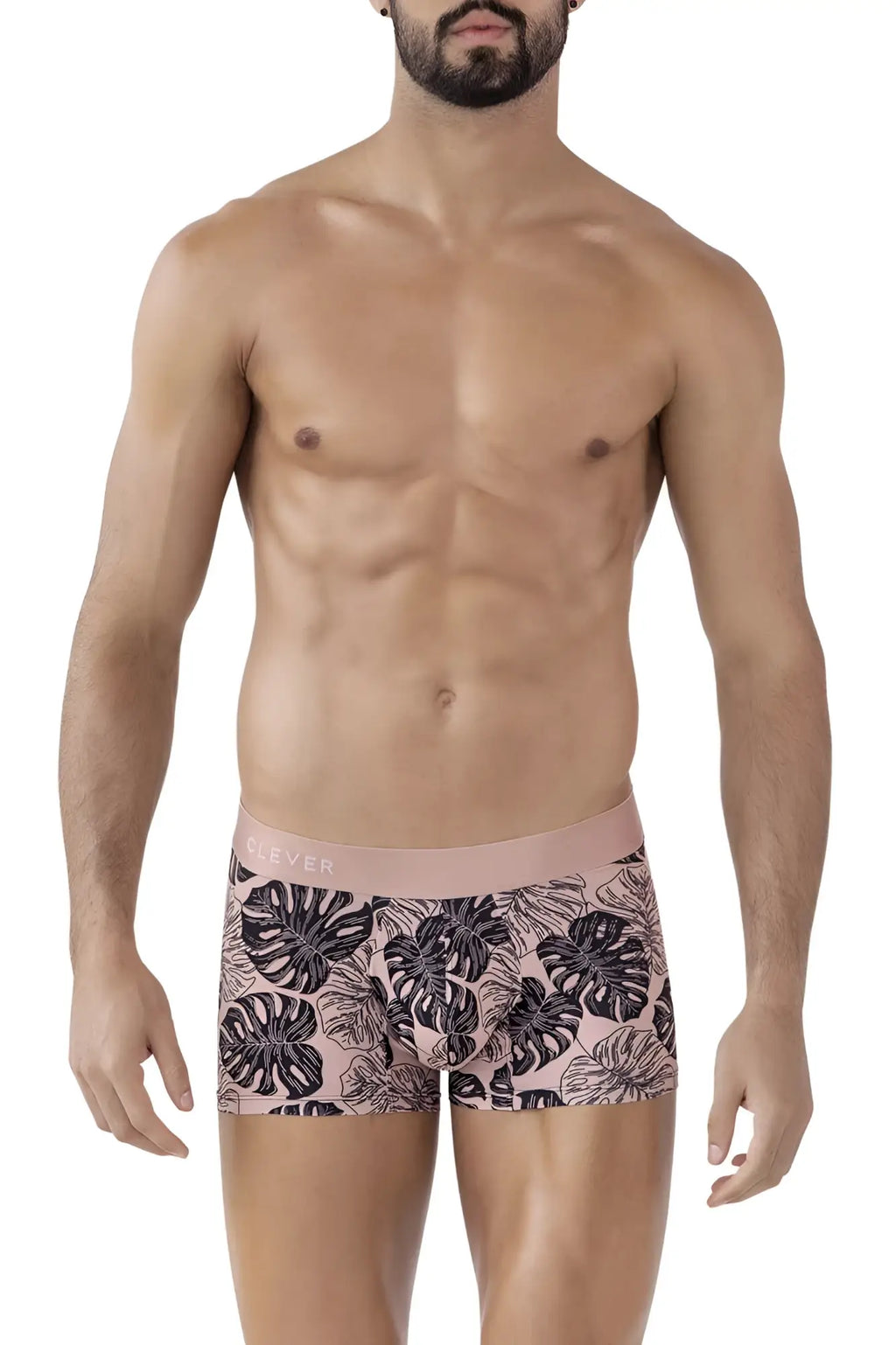 Pink clever 1635 pacif trunks boxer briefs with black monstera leaf pattern and matching pink waistband