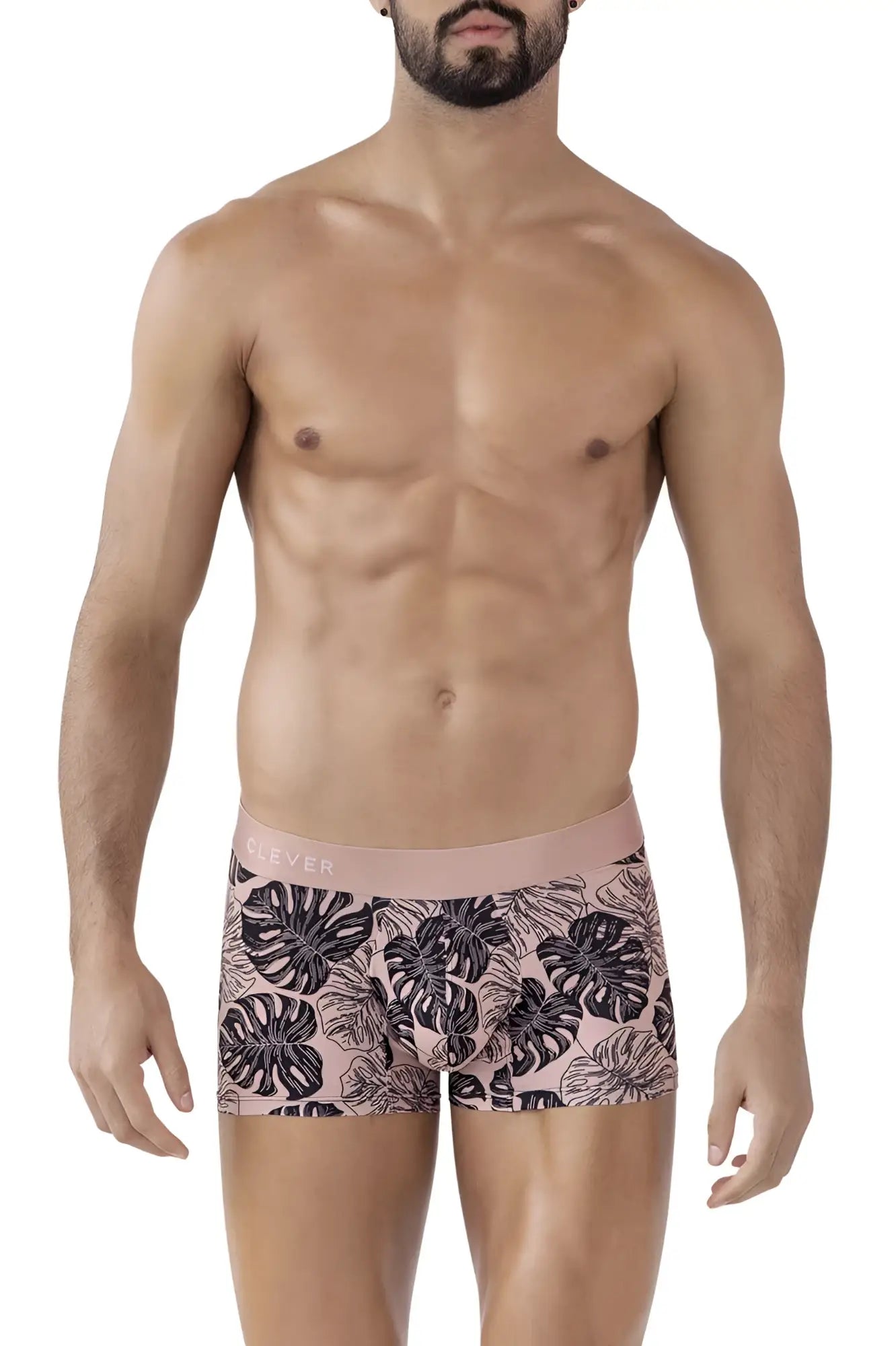 Pink clever 1635 pacif trunks boxer briefs with black monstera leaf pattern and matching pink waistband