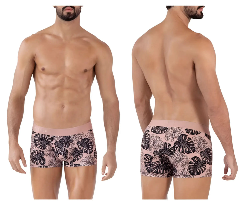 Pink clever 1635 pacif trunks mens briefs with bold black monstera leaf pattern for stylish everyday wear