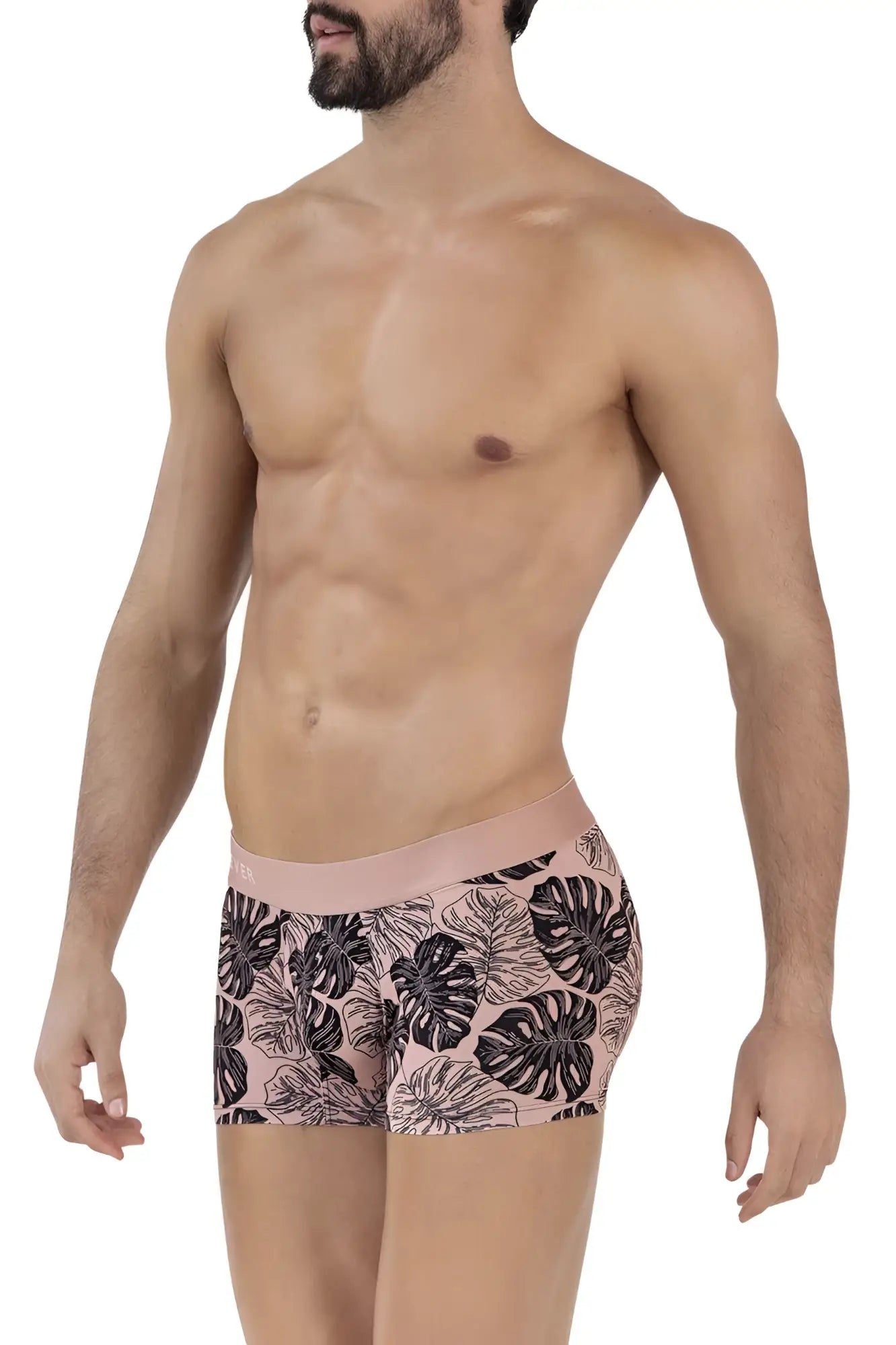 Pink clever 1635 pacif trunks men’s briefs with bold black monstera leaf pattern in soft fabric for daily wear