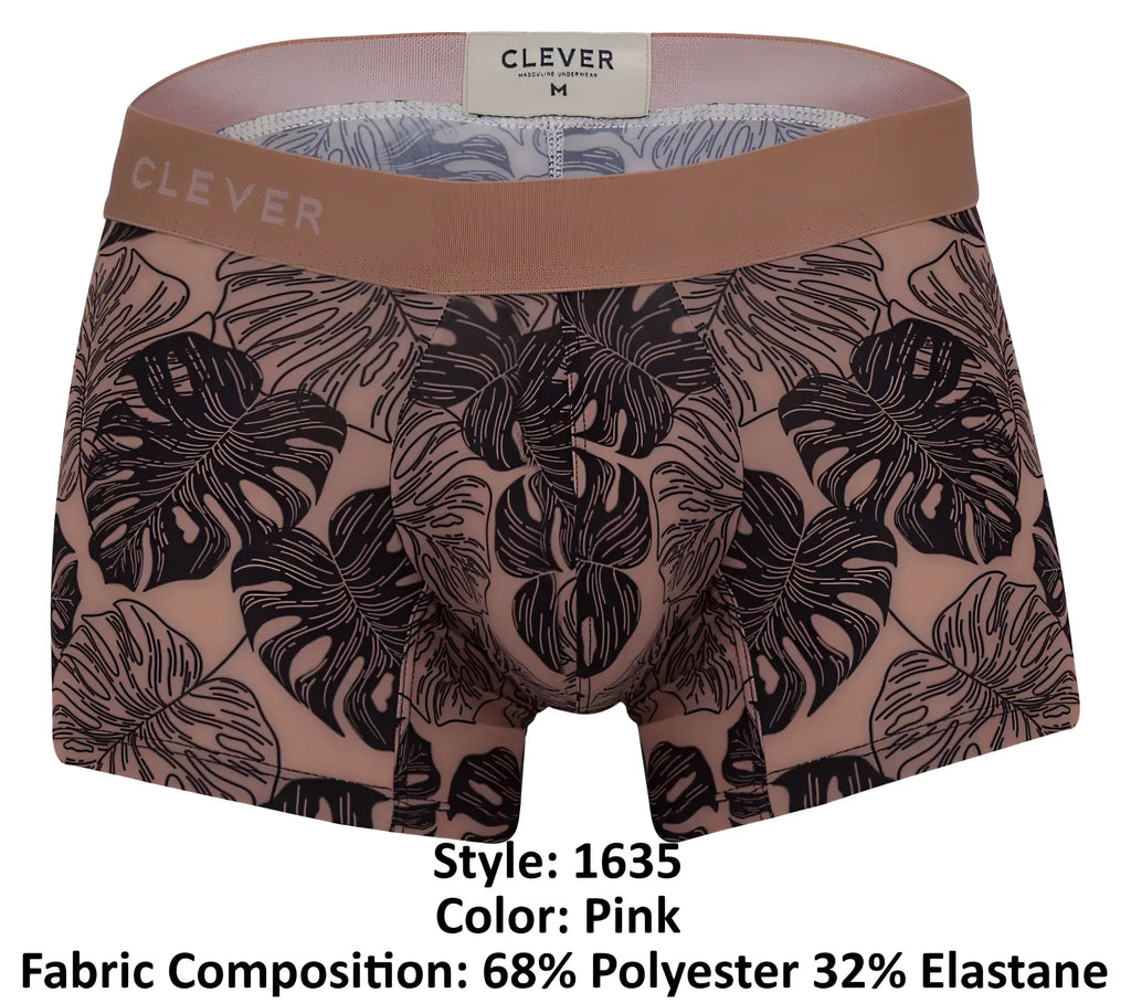Men’s pink boxer briefs with black monstera leaf pattern and tan waistband branded clever 1635 pacif trunks