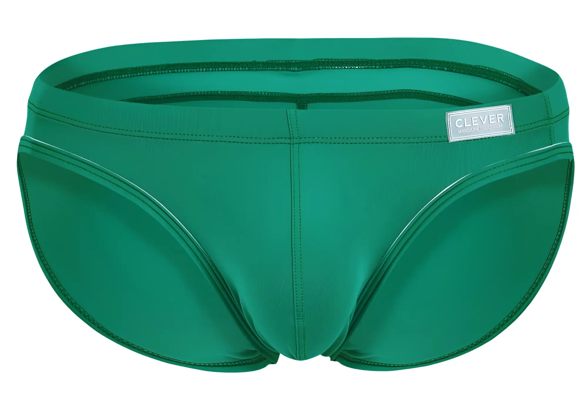 A sleek emerald green clever 1656 mirage bikini swim trunks with smooth stretchy fabric and subtle seam detailing