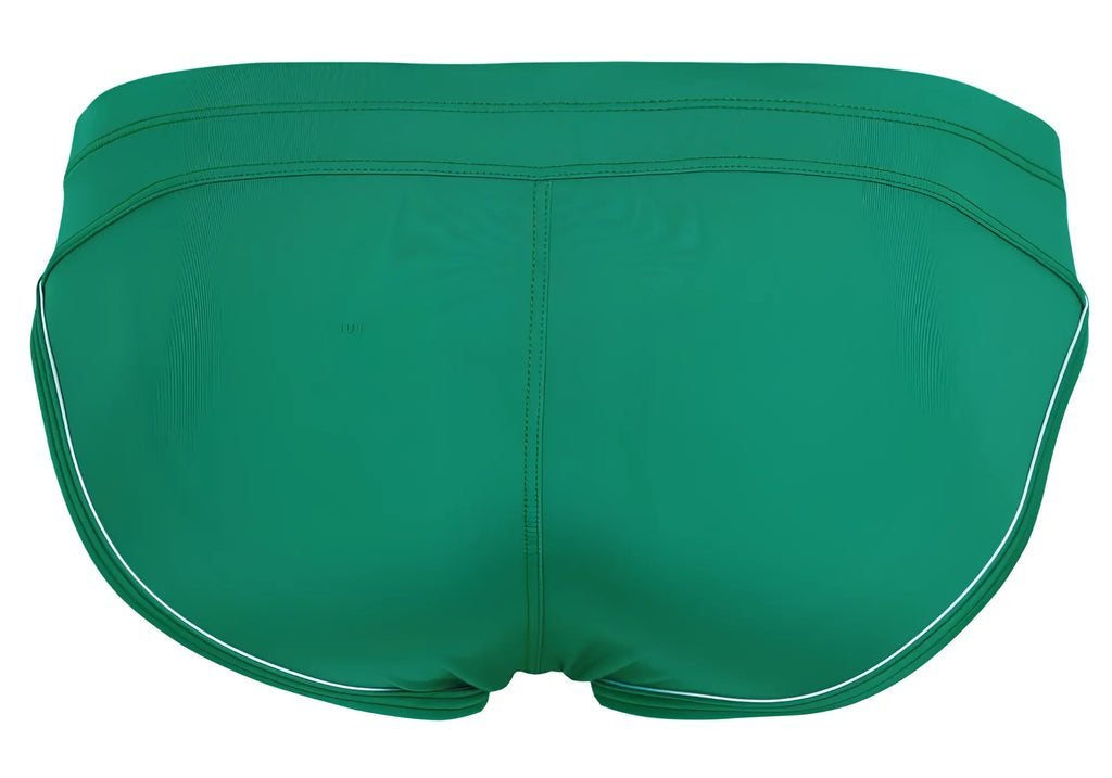 Green swim trunks clever 1656 mirage bikini with white trim on waistband and leg openings for swimwear use