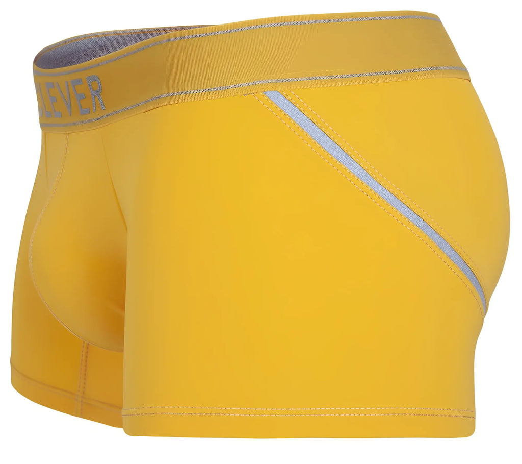 Bright yellow Clever 1658 imagination boxer briefs with gray elastic waistband, ever logo, and silver reflective stripe