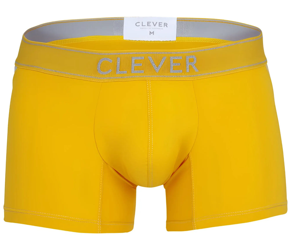 Bright yellow clever 1658 imagination boxer briefs for men with gray elastic waistband and clever brand name in gray lettering