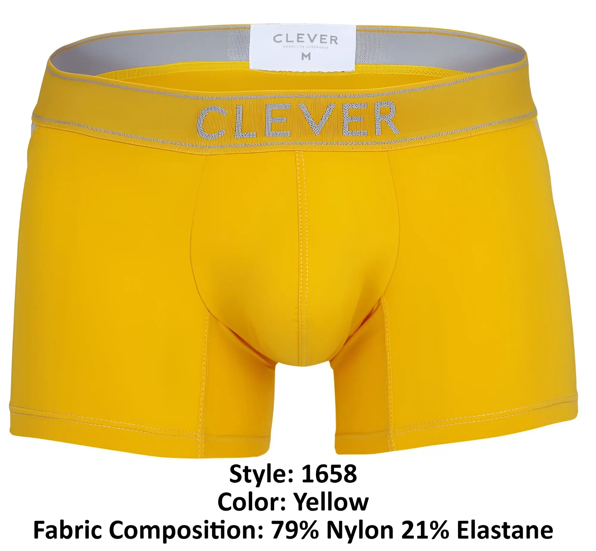 Clever 1658 imagination bright yellow men’s boxer briefs with gray elastic waistband and clever brand name