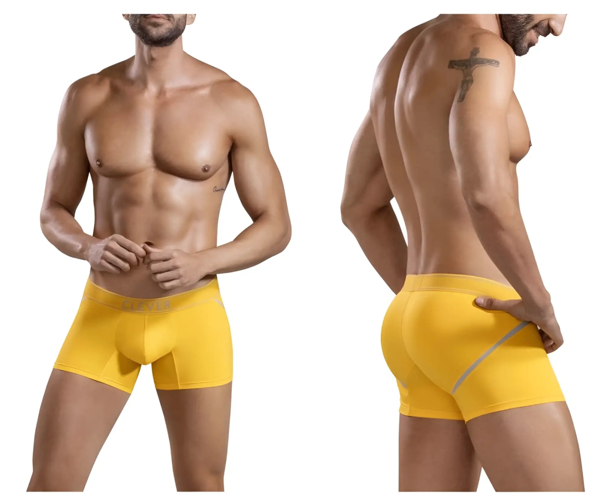 Bright yellow clever 1658 imagination men’s boxer briefs with subtle gray side stripe for comfortable everyday wear