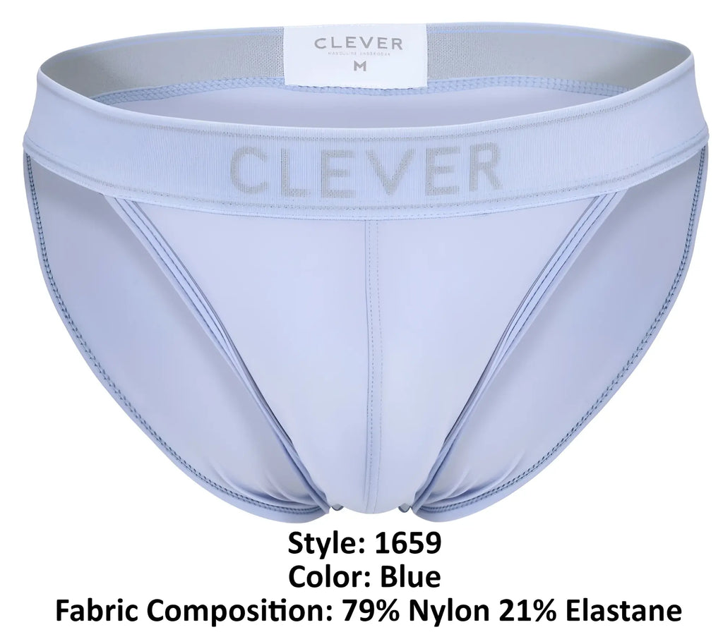 Light blue clever 1659 imagination bikini men’s briefs made from 79 nylon and 21 elastane stretchy fabric
