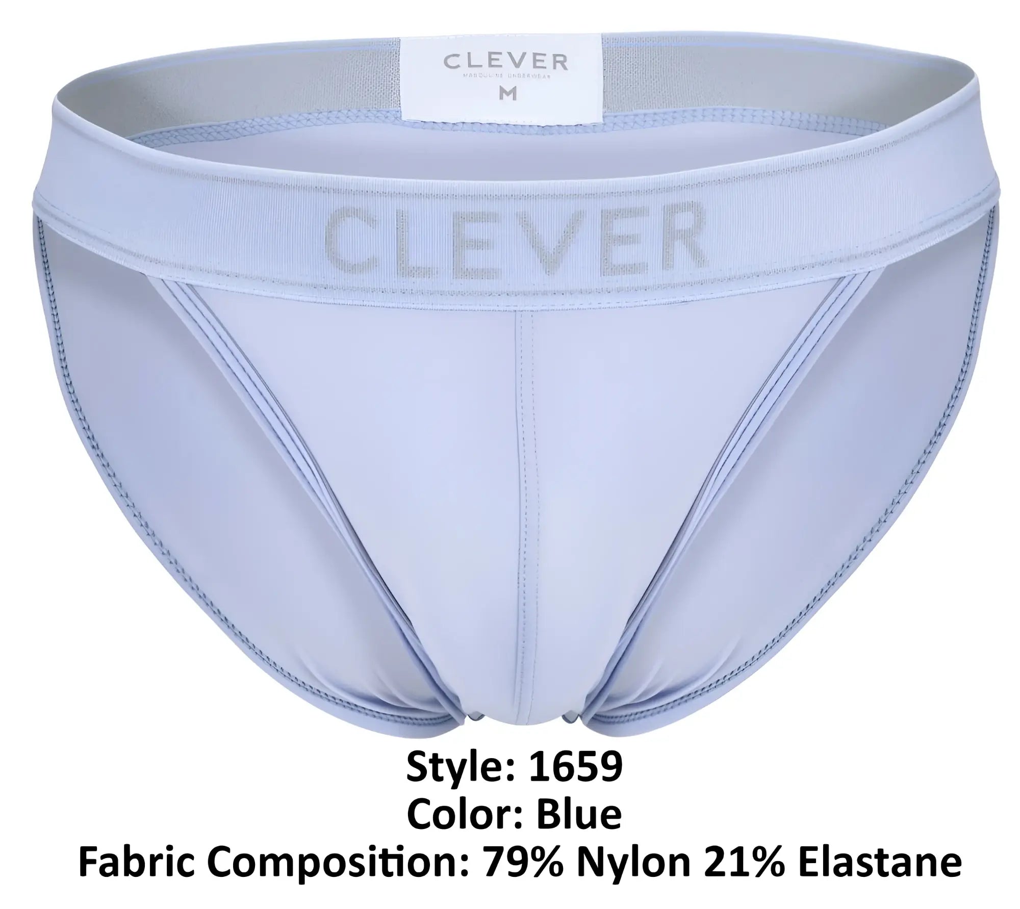 Light blue clever 1659 imagination bikini men’s briefs made from 79 nylon and 21 elastane stretchy fabric
