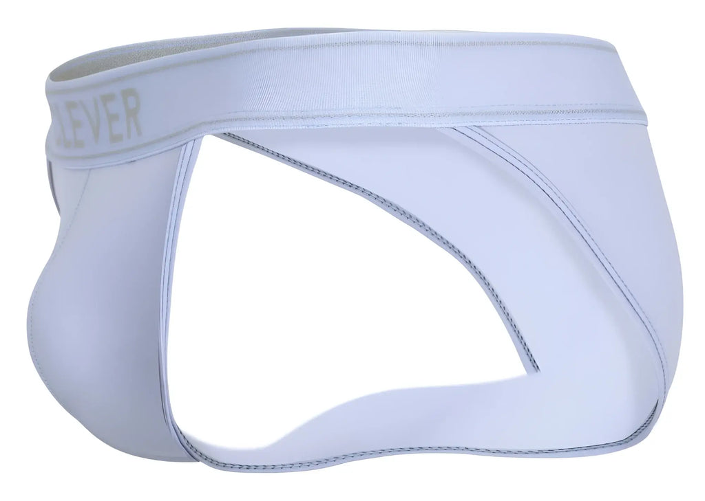 White men’s briefs with a subtle gray lever logo on the waistband in clever 1659 imagination bikini color blue