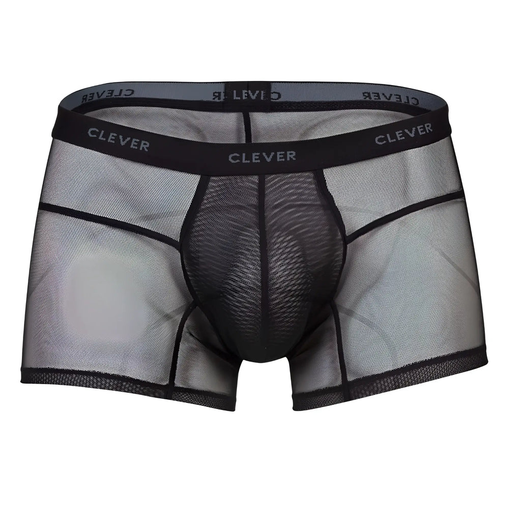 Black mesh boxer briefs with reinforced elastic waistband and clever brand name in white from clever 1673 legend trunks
