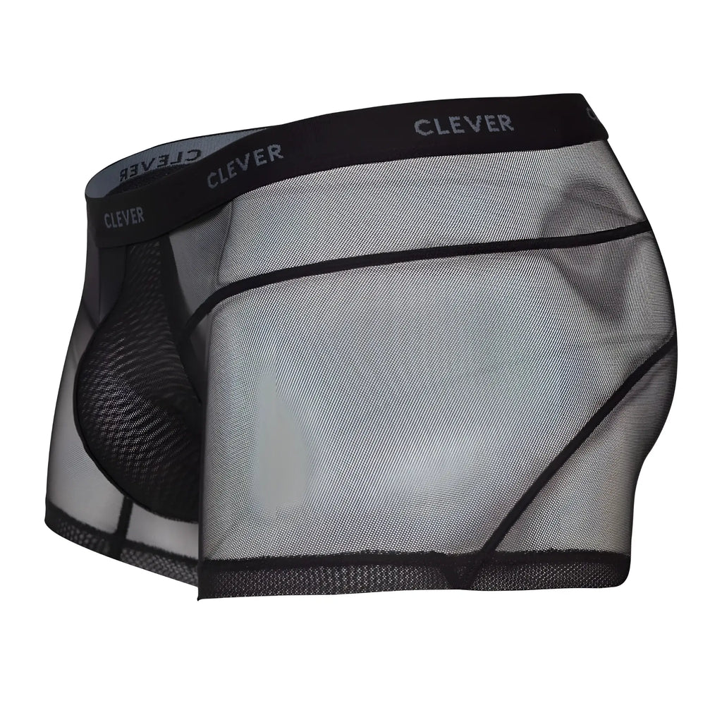 Black mesh clever 1673 legend trunks with reinforced solid black pouch and waistband featuring gray clever logo