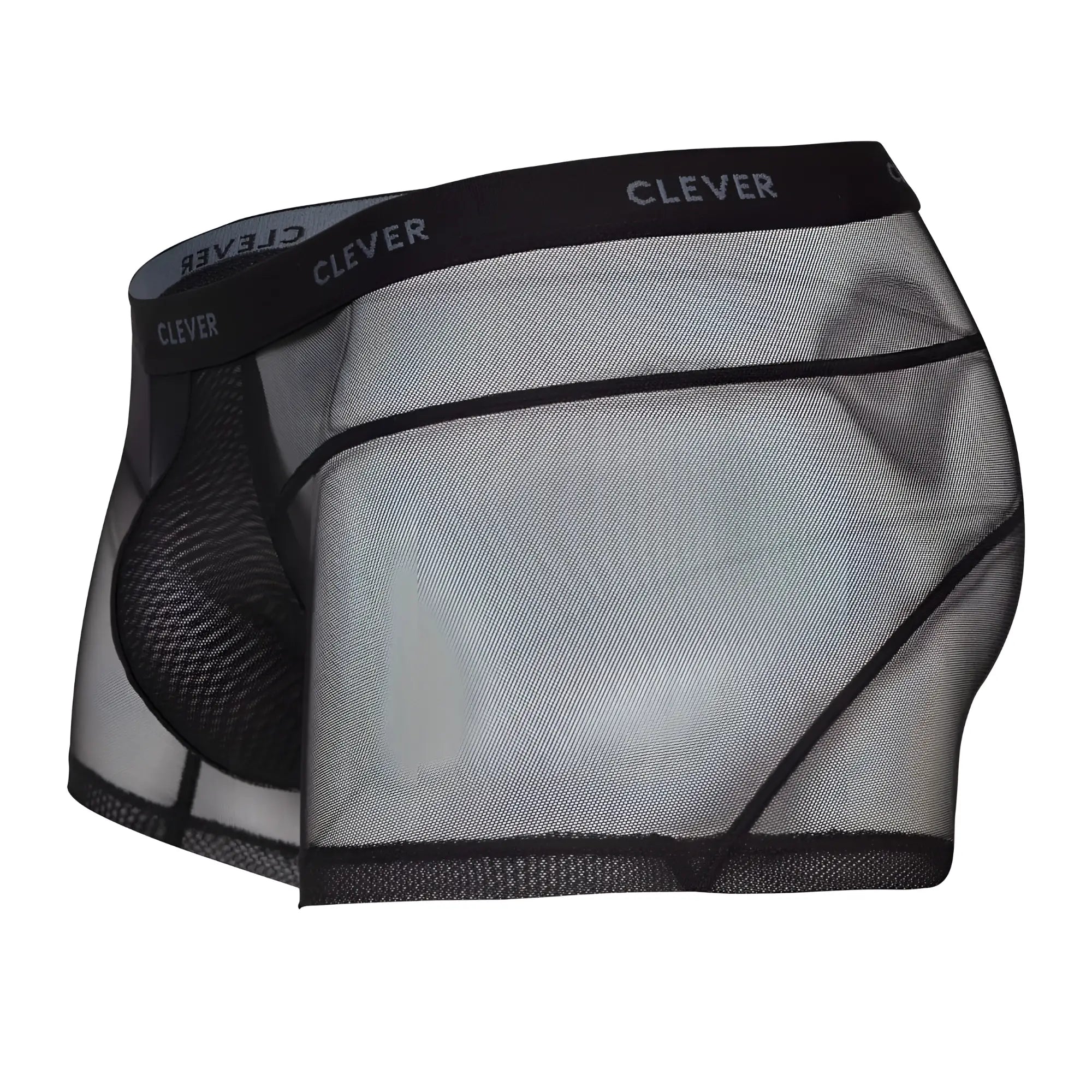 Black mesh clever 1673 legend trunks with reinforced solid black pouch and waistband featuring gray clever logo