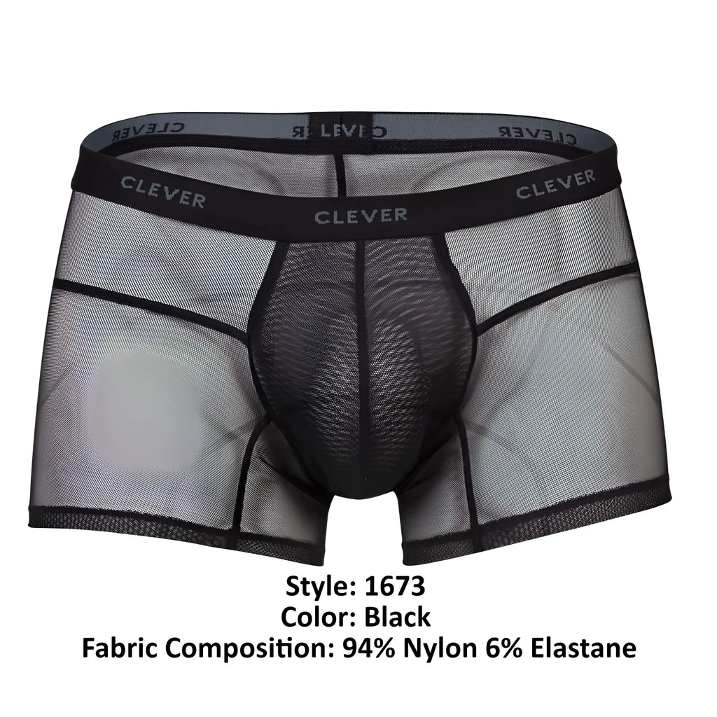 Black sheer mesh boxer briefs with black elastic waistband featuring clever brand name from clever 1673 legend trunks color black