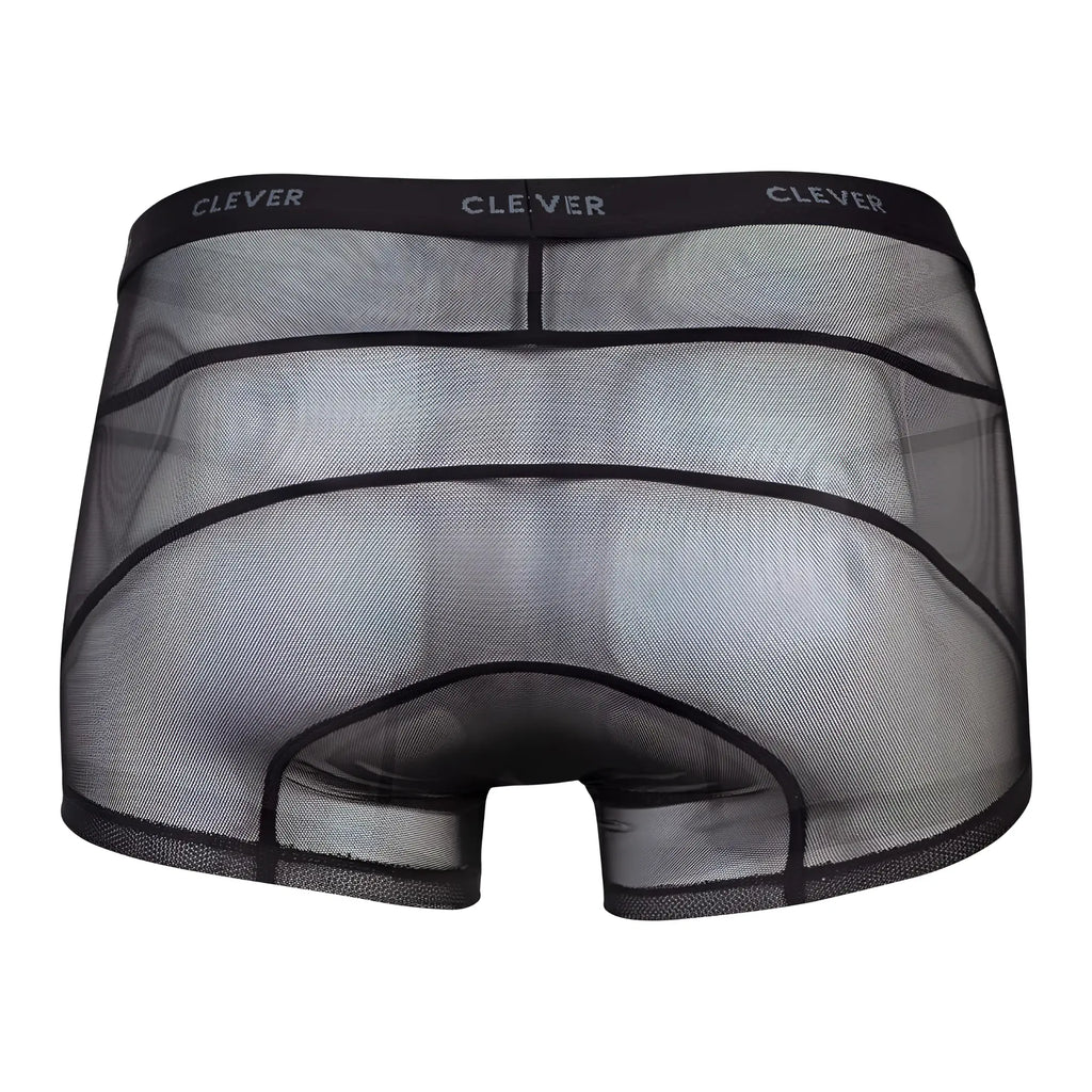 Black sheer mesh boxer briefs with reinforced elastic waistband featuring clever branding in the clever 1673 legend trunks collection