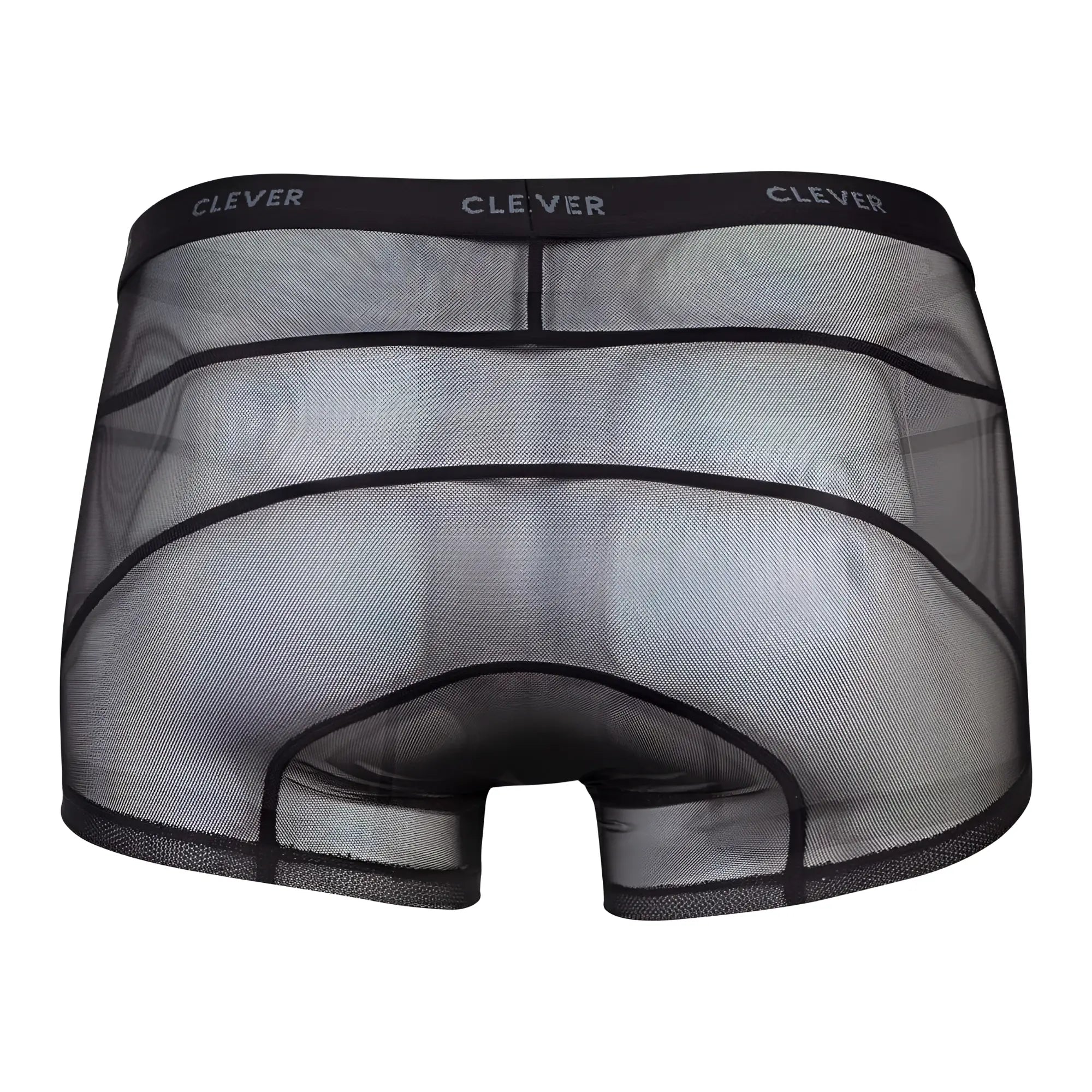 Black sheer mesh boxer briefs with reinforced elastic waistband featuring clever branding in the clever 1673 legend trunks collection