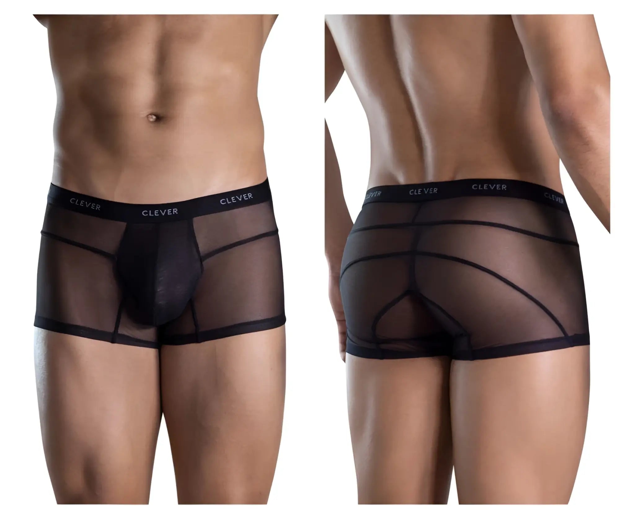 Clever 1673 legend trunks black sheer mesh briefs with solid inner panel and elastic waistband branded clever