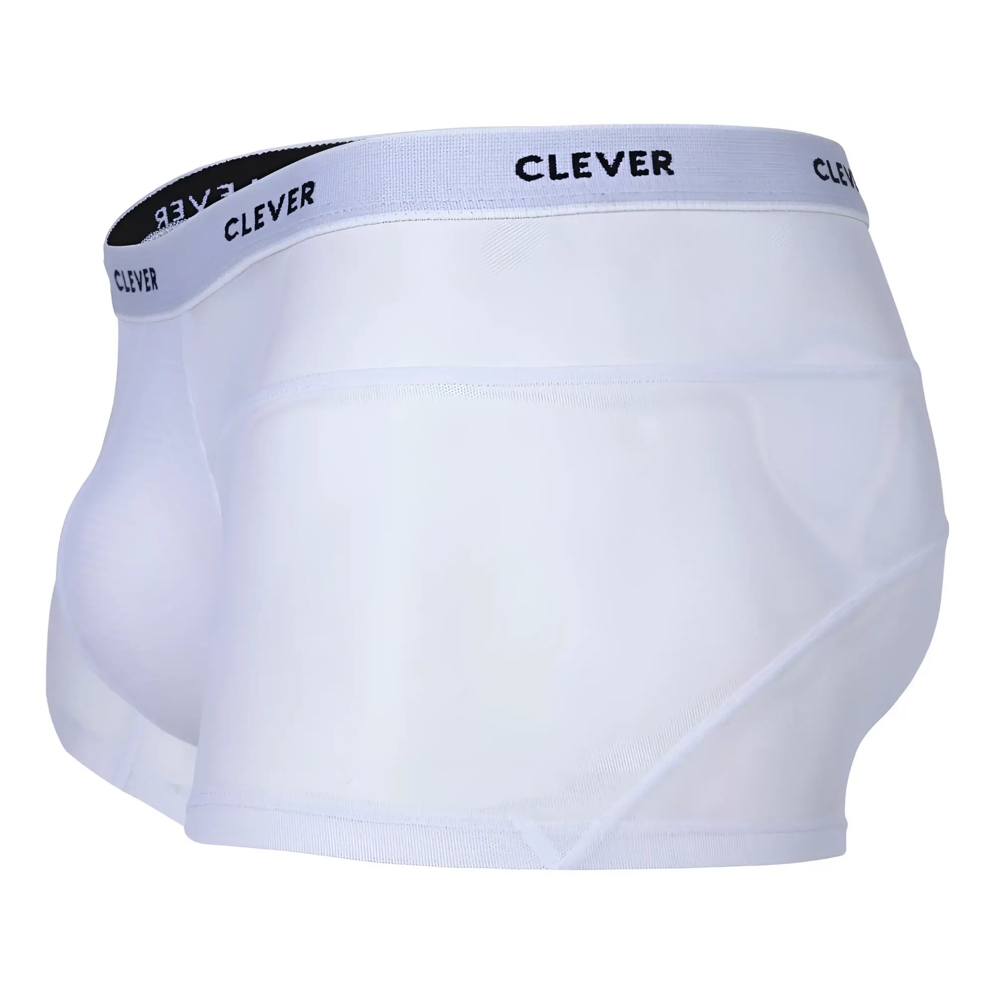 White clever 1673 legend trunks briefs with light gray elastic waistband and black lettering on front side