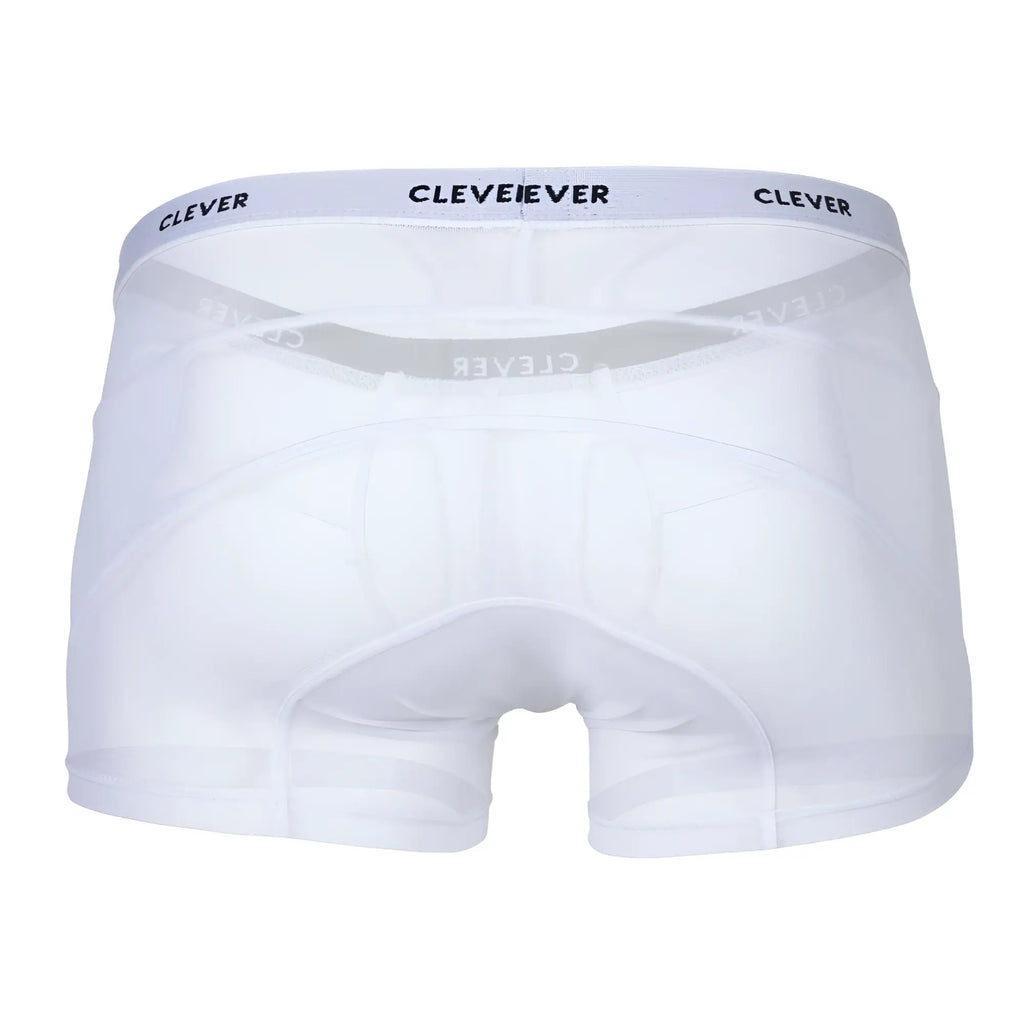 White clever 1673 legend trunks boxer briefs with gray elastic waistband and black brand lettering