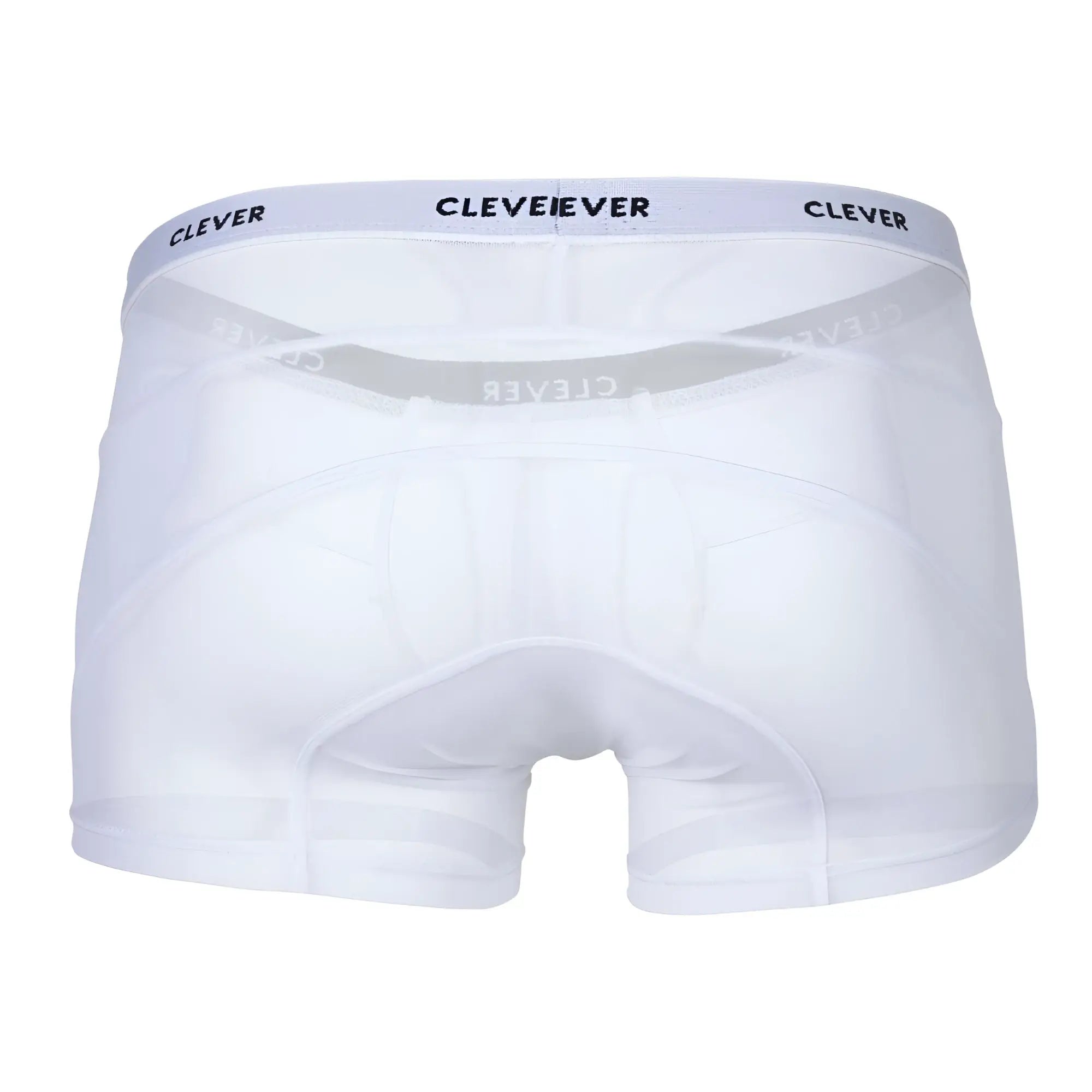 White clever 1673 legend trunks boxer briefs with gray elastic waistband and black brand lettering
