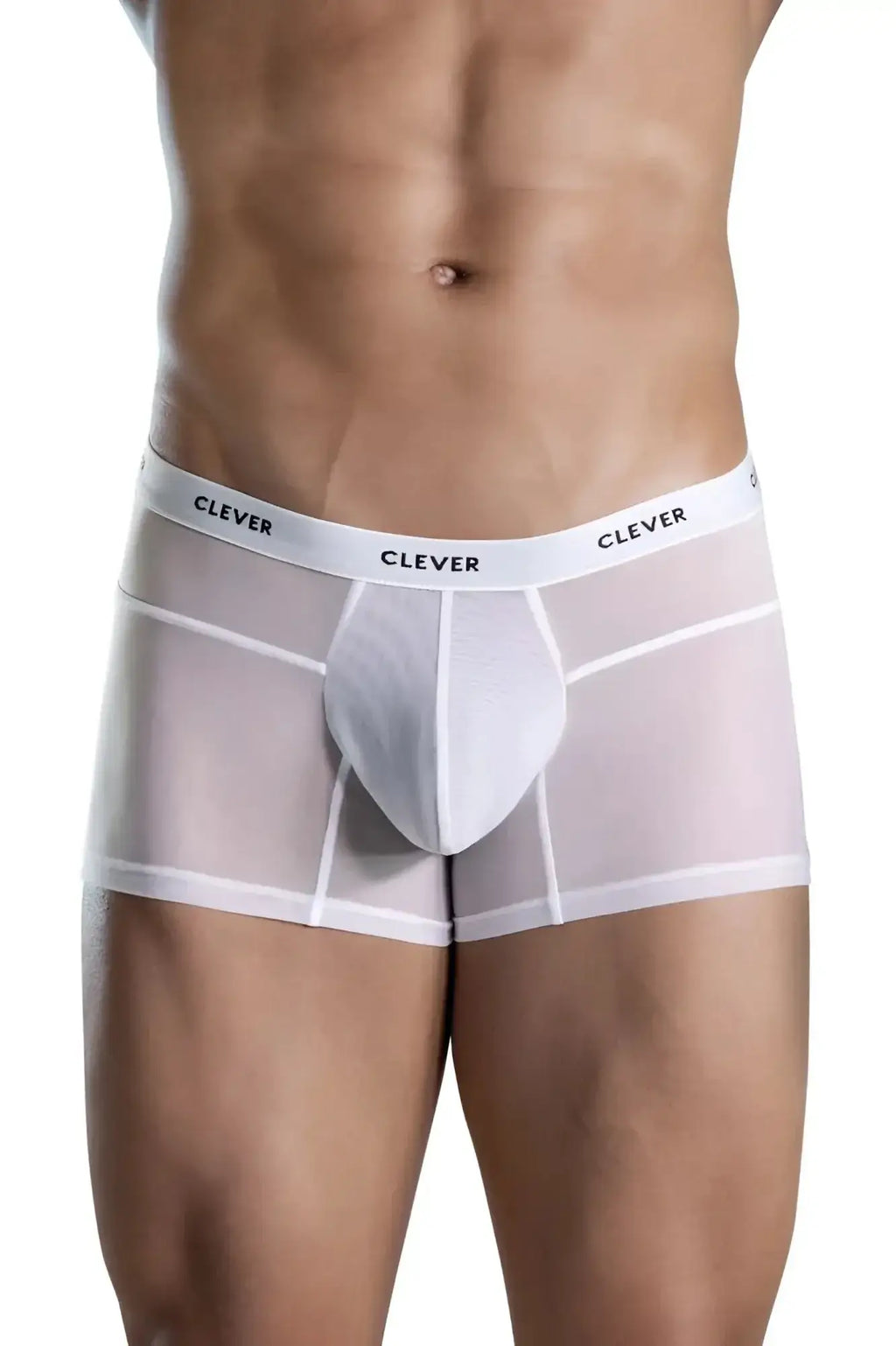 White sheer boxer briefs with a solid white front panel and clever branding on the waistband from Clever 1673 Legend Trunks